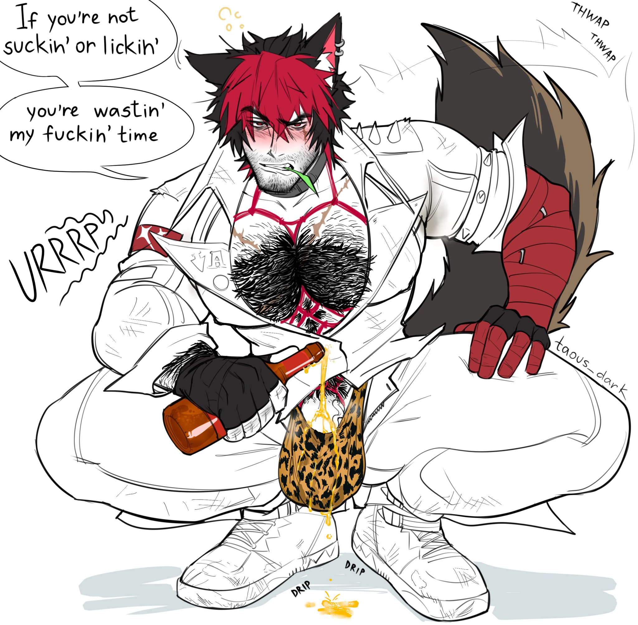 aged up, alcohol, alcoholic drink, animal ears, animal tail, balls, balls out of pants, bandage, bandaged arm, bandages, bara, beard, beer, beer bottle, big bulge, black chest hair, black hair, black pubes, black pubic hair, black-haired male, blush, blush lines, body hair, bondage, bondage hood, bondage outfit, bondage roppe, breasts, brown hair, bulge, burp, burping, canine tail, chest hair, chewing grass, drunk, drunk blush, flaccid, hairy, hairy chest, hairy male, hoyoverse, jacket, jacket open, kemonomimi, komano manato, large breasts, leopard print, leopard print bikini, leopard print underwear, liquid on penis, male, male focus, male only, monochrome, okamimimi, open clothes, open pants, partially clothed, partially clothed male, partially nude, partially nude male, penis, penis out of pants, pubes, pubes exposed, pubic hair, pubic hair peek, red hair, red-haired male, rope, rope between breasts, rope bondage, ropes, scar, scars, scars on chest, solo, solo male, spiked jacket, spilled drink, squatting, sweaty, sweaty armpit, sweaty armpits, taous dark, text, thiren, tied body, underwear, unzipped pants, veiny, veiny penis, wagging tail, watermark, wolf ears, wolf tail, yaoi, zenless zone zero