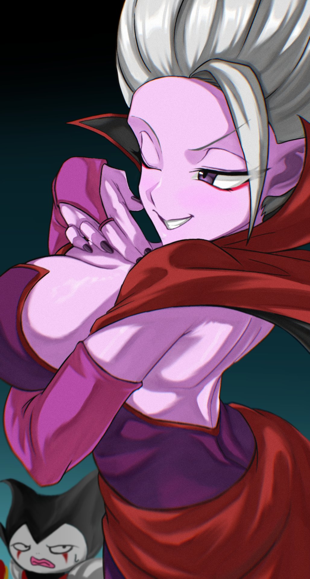 1girls, arinsu, arm under breasts, bare back, big breasts, breasts, busty, dr. arinsu, dragon ball, dragon ball daima, female, hand on breast, king gomah, pink skin, purple eyes, takundraws, upper body, white hair