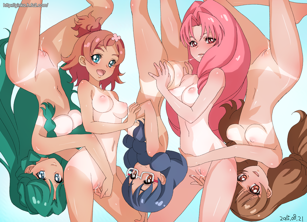 5girls akagi_towa amanogawa_kirara ass bikini_tan blue_eyes blue_hair braid breasts brown_eyes brown_hair female fingering ginko_(silver_fox) glasses go!_princess_precure gradient_background green_hair haruno_haruka innie_pussy kaidou_minami long_hair looking_at_viewer multiple_girls nanase_yui one-piece_tan open_mouth pink_hair precure pretty_cure pussy pussy_juice pussy_juice_on_fingers saliva saliva_trail side_ponytail small_breasts smile tan tanline tied_hair twintails uncensored upside-down yuri