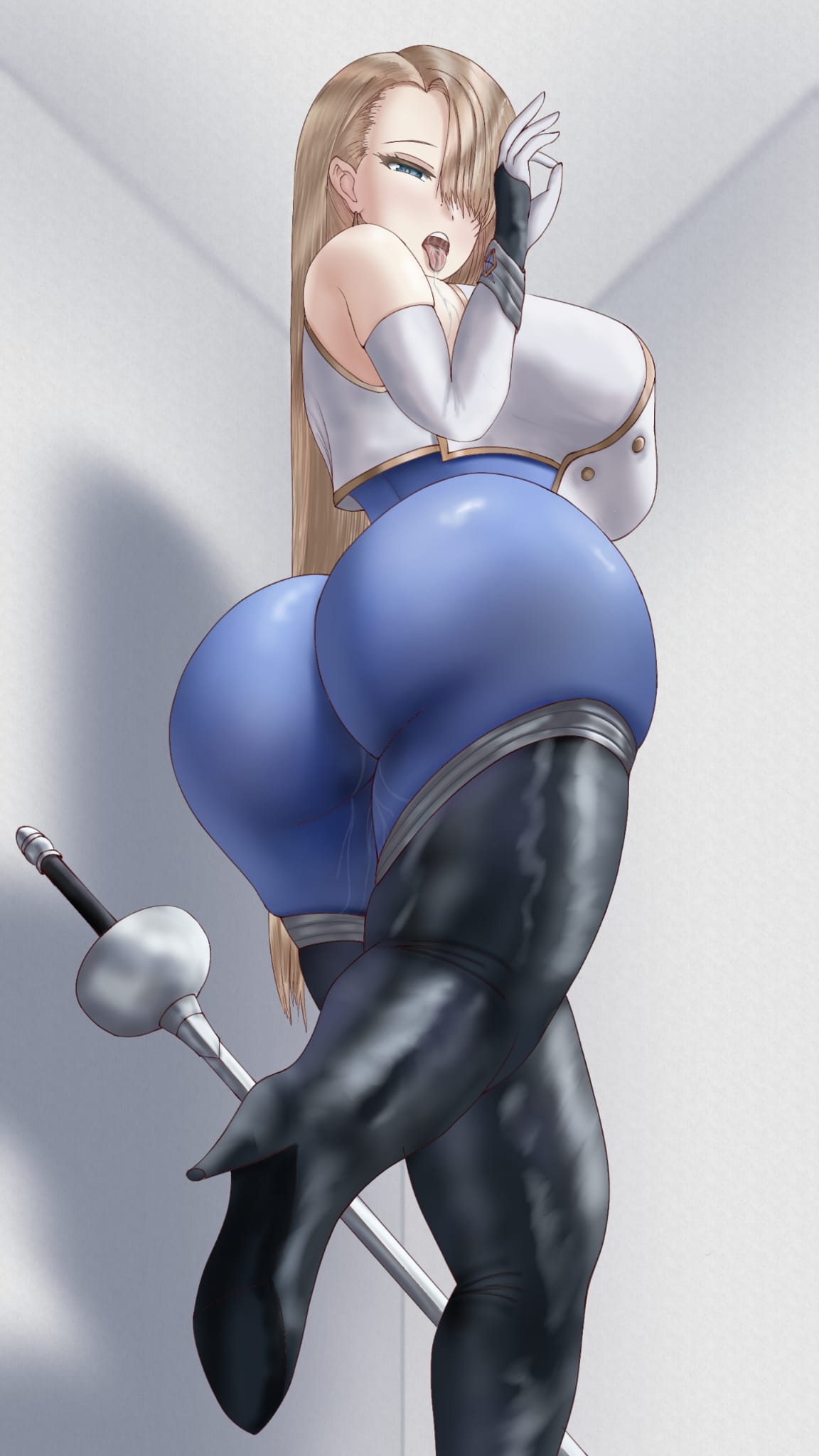 ahe gao, armwear, bangs, bangs over eyes, big breasts, black legwear, blonde hair, blue bodysuit, blue eyes, bodysuit, boots, breasts, brown dust 2, curvy, female, gloves, high heels, huge ass, large ass, light skin, long gloves, long hair, looking at viewer, looking down, rapier, rer-tyou, saliva, solo, standing, sweat, thick thighs, wide hips, wilhelmina (brown dust)