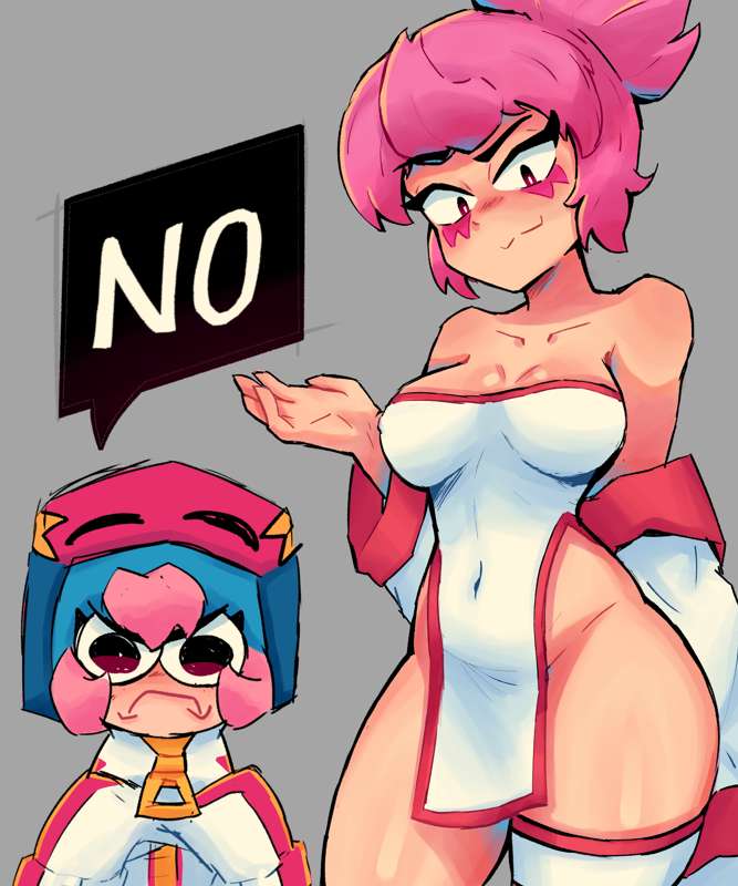 angry, asian female, big breasts, bonnie (brawl stars), brawl stars, breasts, cleavage, dress, female, inviting, janet (brawl stars), japanese clothes, sleeves, tagme, the thunaz, thighhighs