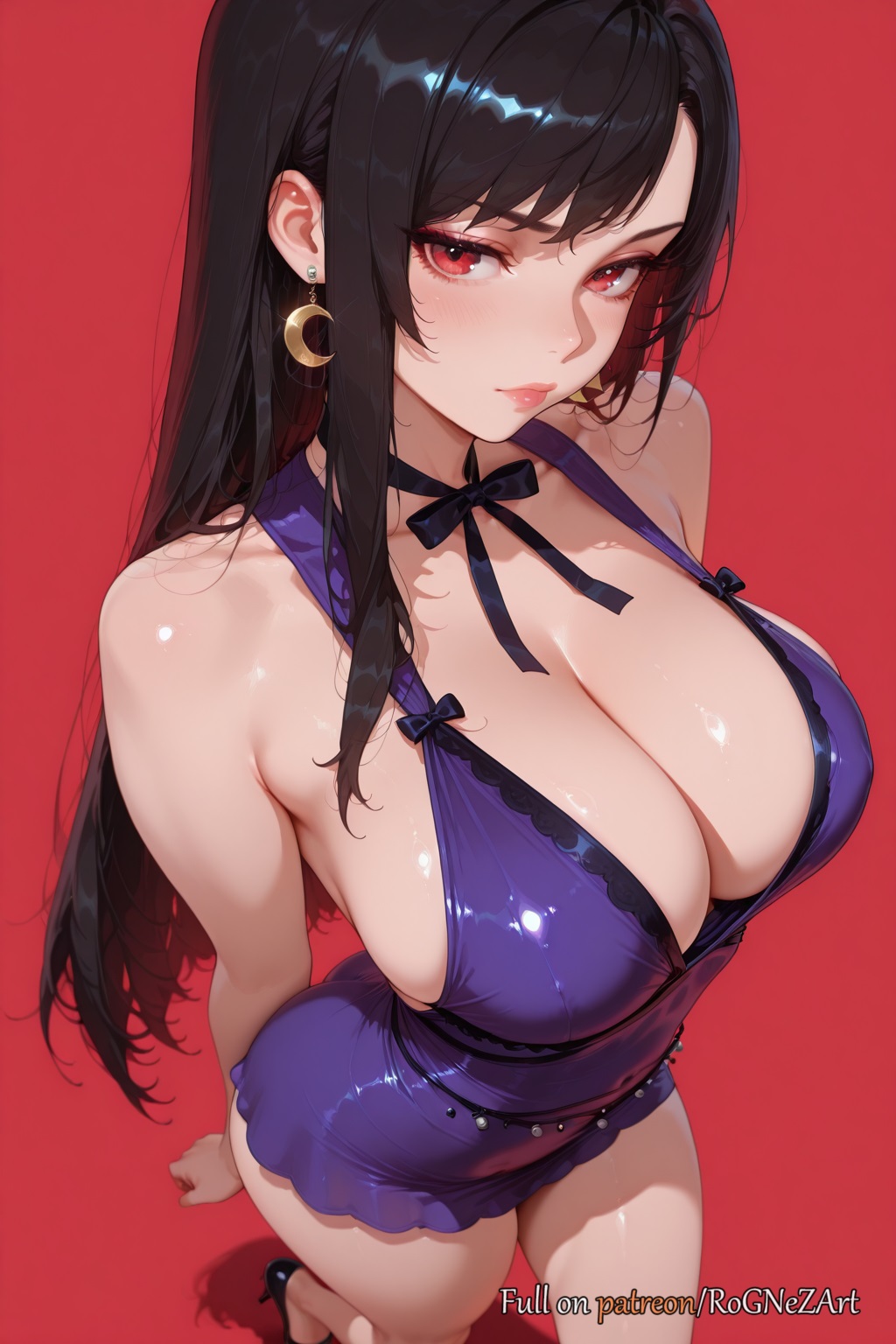 2025, ai generated, anime, arms behind back, bangs, bare shoulders, black hair, blush, breasts, cleavage, closed mouth, collarbone, crescent, crescent earrings, crossover, dress, earrings, female, female focus, female only, final fantasy, final fantasy vii, final fantasy vii remake, from above, high heels, highres, jewelry, large breasts, lips, long hair, looking at viewer, patreon username, purple dress, red background, red eyes, rognezart, shiny, shiny skin, short dress, simple background, sleeveless, sleeveless dress, solo, tifa lockhart