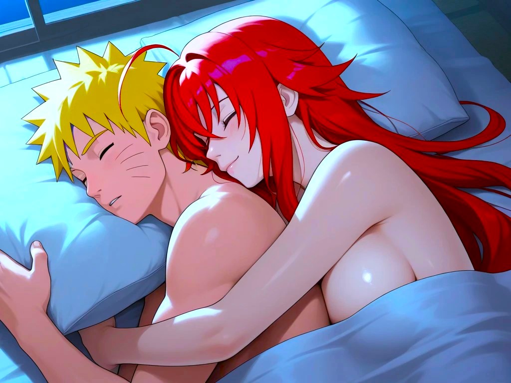 1boy, 1boy1girl, 1girls, ai generated, anime, anime boy, anime girl, babe, bed, bed covers, big breasts, blissful, breasts, busty female, crossover, curvy, cute face, demon girl, duo, fantasy, female, happy, high school dxd, high school student, huge breasts, large breasts, light-skinned female, light-skinned male, lovely, male, midnight bliss, naruto (series), naruto shippuden, night, ninja, pillow, red-haired female, rias gremory, soft, spiky hair, upper body, uzumaki naruto, window