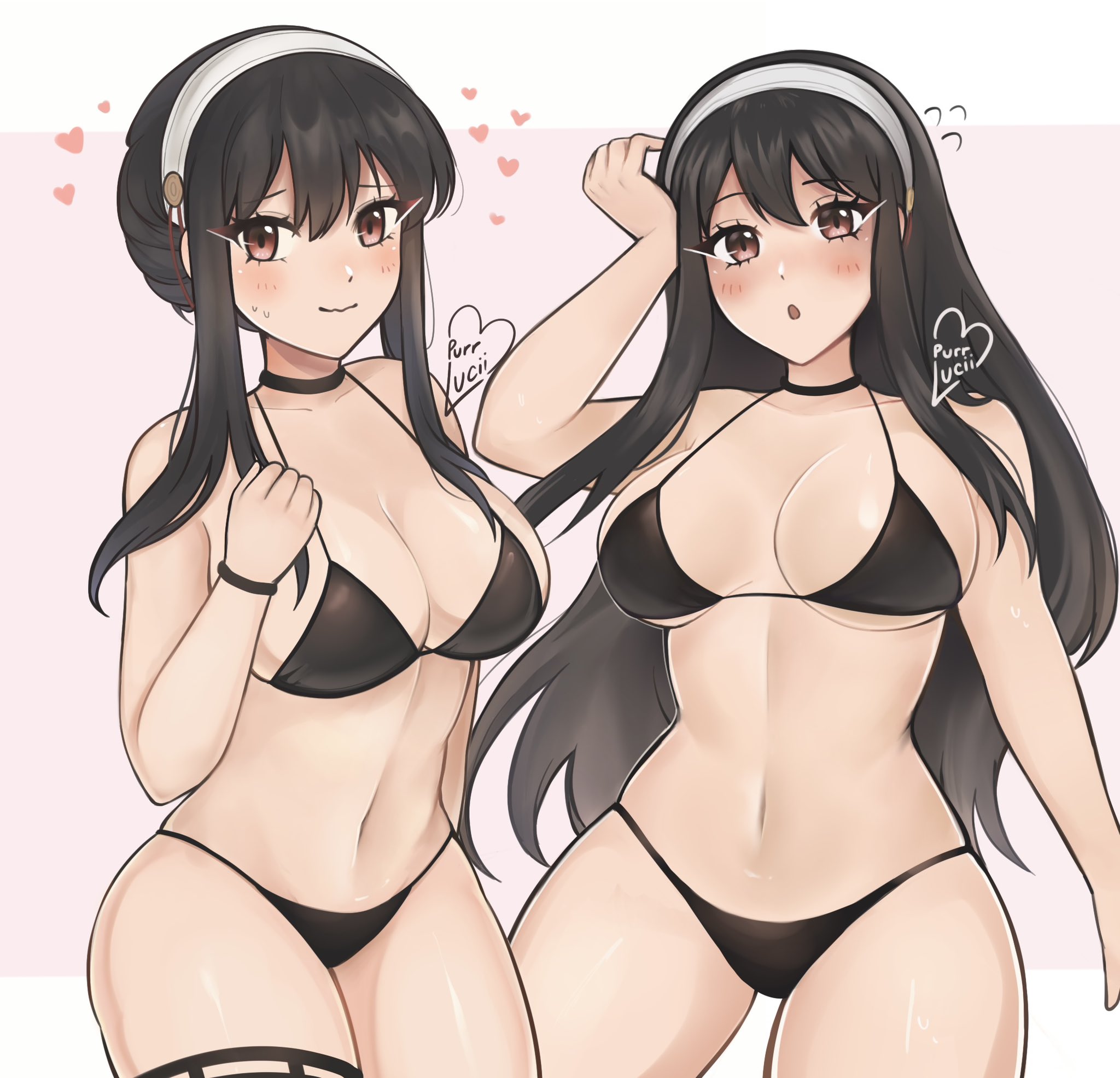 1girls, artist name, big breasts, bikini, black bikini, black hair, blush, breasts, busty, female, hairband, heart, light skin, light-skinned female, purrlucii, solo, spy x family, swimsuit, thick thighs, yor briar, yor forger