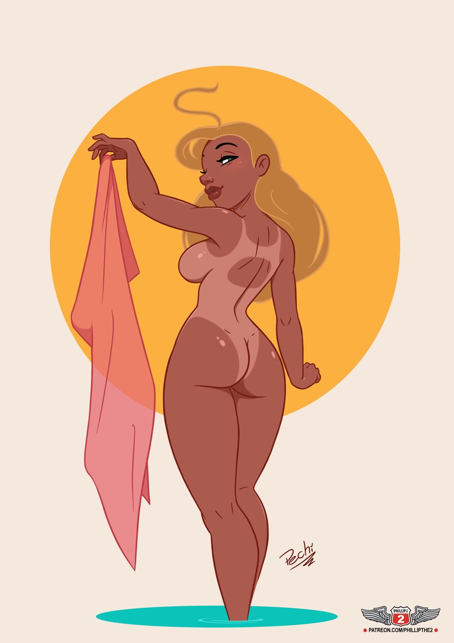 alani (lilo and stitch), artist logo, artist name, ass, back view, big ass, big hips, blonde hair, breasts, casual, child bearing hips, circle background, completely nude, dark skin, dark-skinned female, disney, fat ass, female, holding towel, human, lifeguard (lilo and stitch), lilo and stitch, lola the lifeguard, looking at viewer, looking back, nude, nude female, nudist, patreon username, pechi, phillipthe2, signature, simple background, swimsuit tan, tanline, thick thighs, thighs, towel, wife material