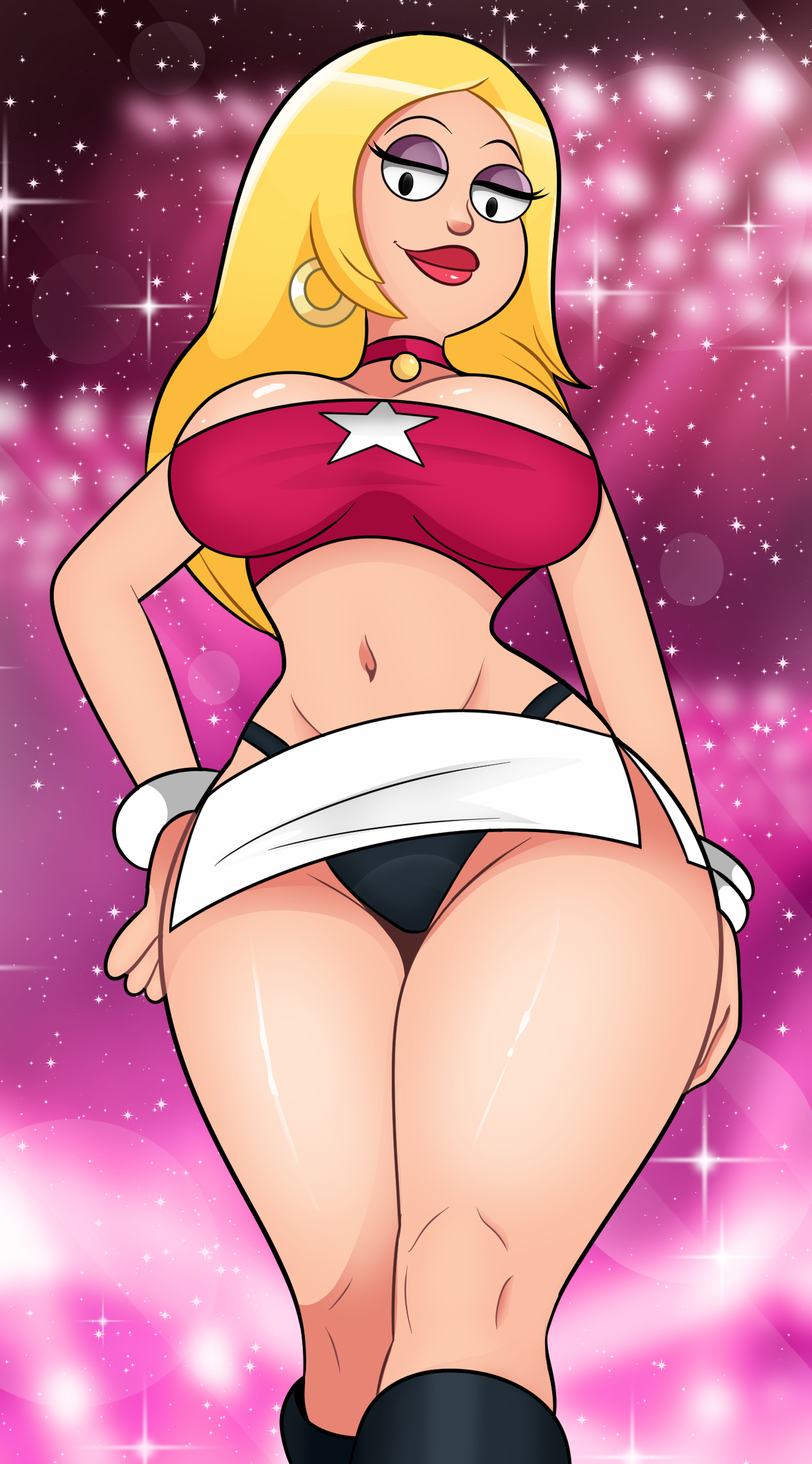 1girls, american dad, armwear, big breasts, bimbo, black eyes, black thong, blonde hair, bracelet, breasts, choker, ear piercing, earrings, eyeshadow, female, female only, francine smith, hair, half-closed eyes, hand on hip, hoop earrings, lips, long hair, looking down, mature, mature female, mature woman, milf, miniskirt, mother, neckwear, pencil skirt, revealing clothes, rock and roll sherpa (francine smith), short skirt, skimpy, skimpy clothes, skirt, solo, solo female, sonson-sensei, thick lips, thighs, thong, tubetop, white skirt