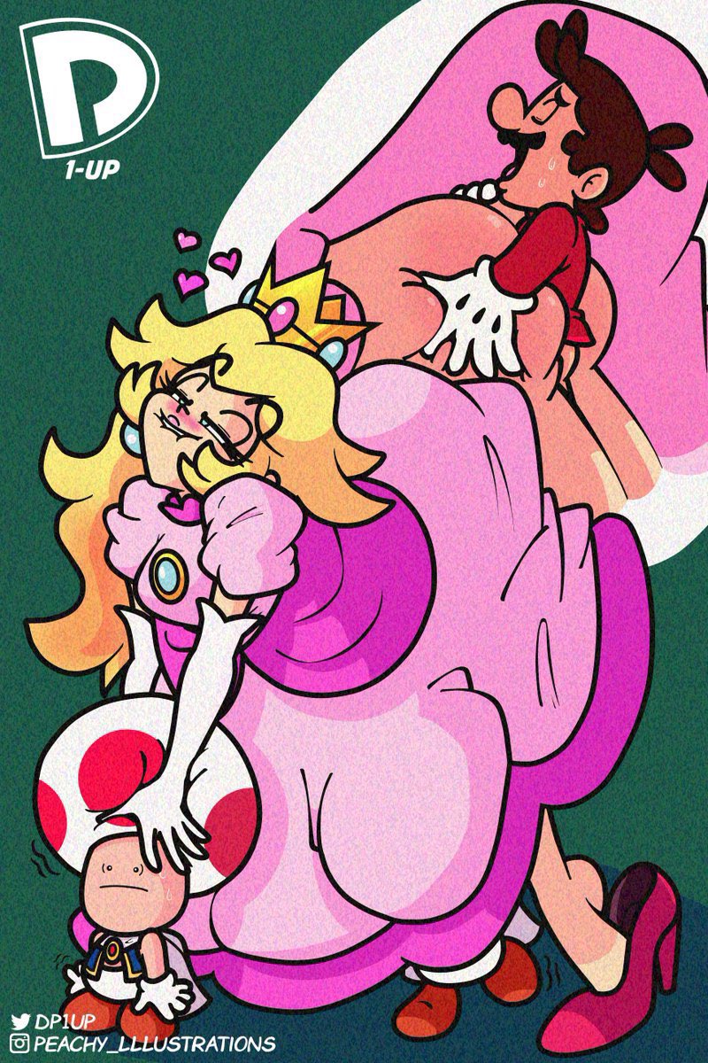 ass, couple, dp1up, female, fucked from behind, giantess, grunting, happy, heel pop, holding object, male, mario, mario (series), princess peach, sex, smile