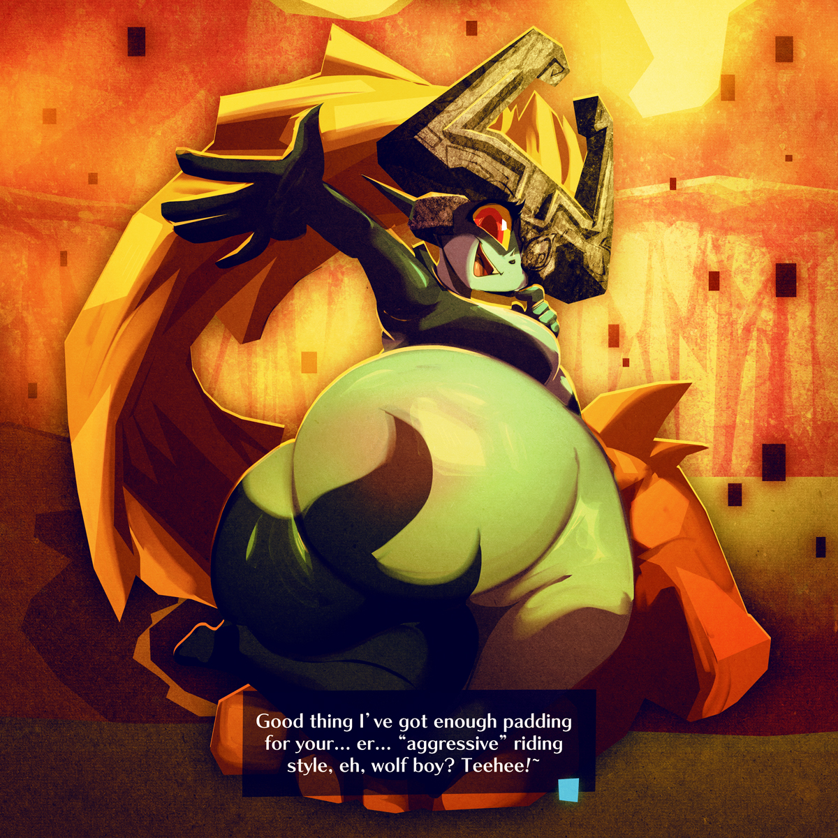 1girls, ass, ass bigger than body, ass bigger than head, ass bigger than torso, ass focus, big ass, bottom heavy, breasts, buttcheeks, dialogue, english text, fat ass, female, floating, from behind, functionally nude, gesture, happy, heavy ass, helmet, hips wider than shoulders, huge ass, imp midna, long hair, looking at viewer, looking back, medium breasts, midna, nintendo, open mouth, orange hair, red eyes, riendonut, smile, smooth skin, solo, solo female, suggestive, text, the legend of zelda, thick thighs, twilight princess, wide hips, yellow sclera
