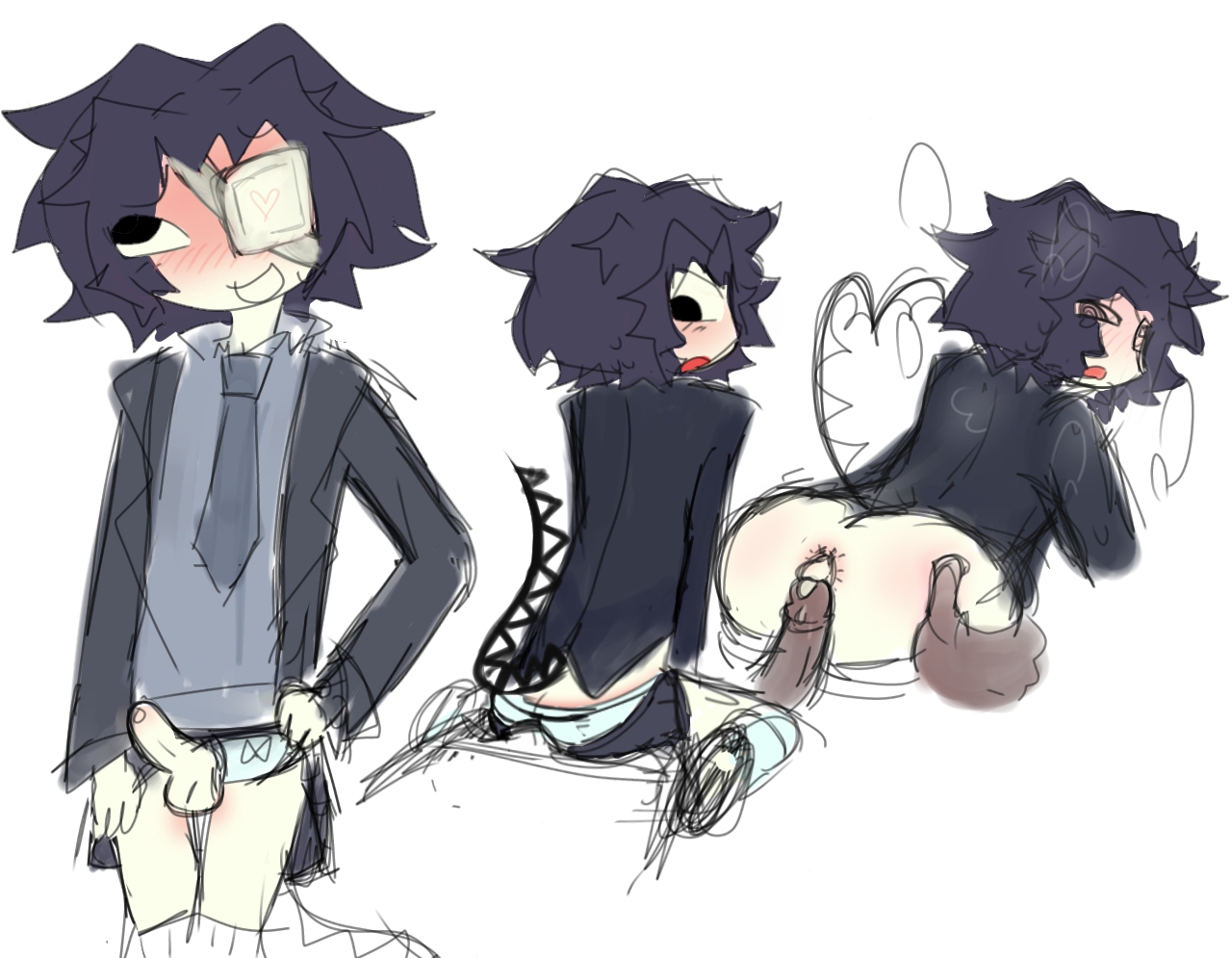anal sex, anus, artist request, balls, blushing profusely, bottomless, cum, cum in ass, curled tail, eye patch, forsaken (roblox), lifted tail, looking back, male, monitoring two time, pants down, partially clothed, penis, roblox, roblox game, robloxian, tagme, two time, uniform