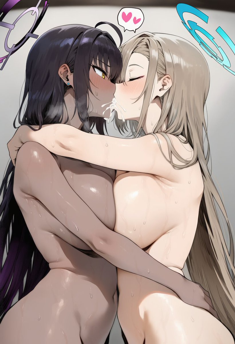 2girls, after fellatio, after oral, ai generated, asuna (blue archive), big breasts, blue archive, blush, breast press, breasts, closed eyes, cum swap, dark skin, dark-skinned female, female, female only, female/female, halo, heart, hearts, karin (blue archive), kissing, light skin, light-skinned female, multiple females, multiple girls, muto night, navel, nude, nude female, sweat, sweatdrop