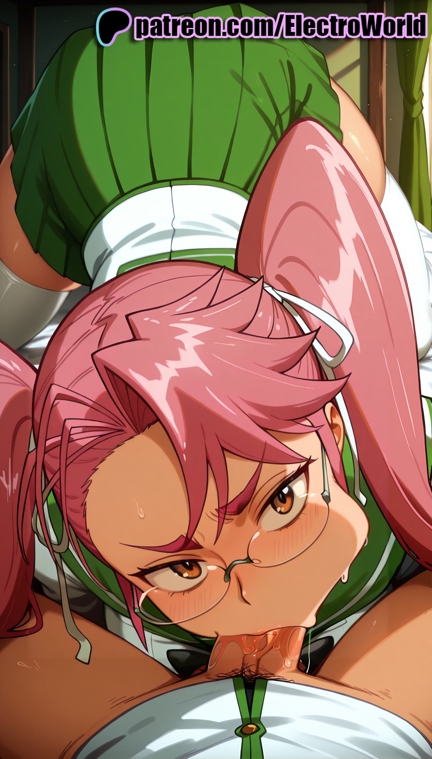 1boy, 1girls, 2025, ai generated, artist name, blowjob, blowjob face, blush, brown eyes, cock, dick, electroworld, fellatio, female, glasses, green pants, green skirt, hi res, high quality, high resolution, highres, highschool of the dead, licking, long hair, male, male pubic hair, multiple females, multiple girls, oral, oral sex, panties, patreon, patreon username, penis, pov, pubic hair, saya takagi, school uniform, skirt, stable diffusion, straight, sucking, thighhighs, watermark