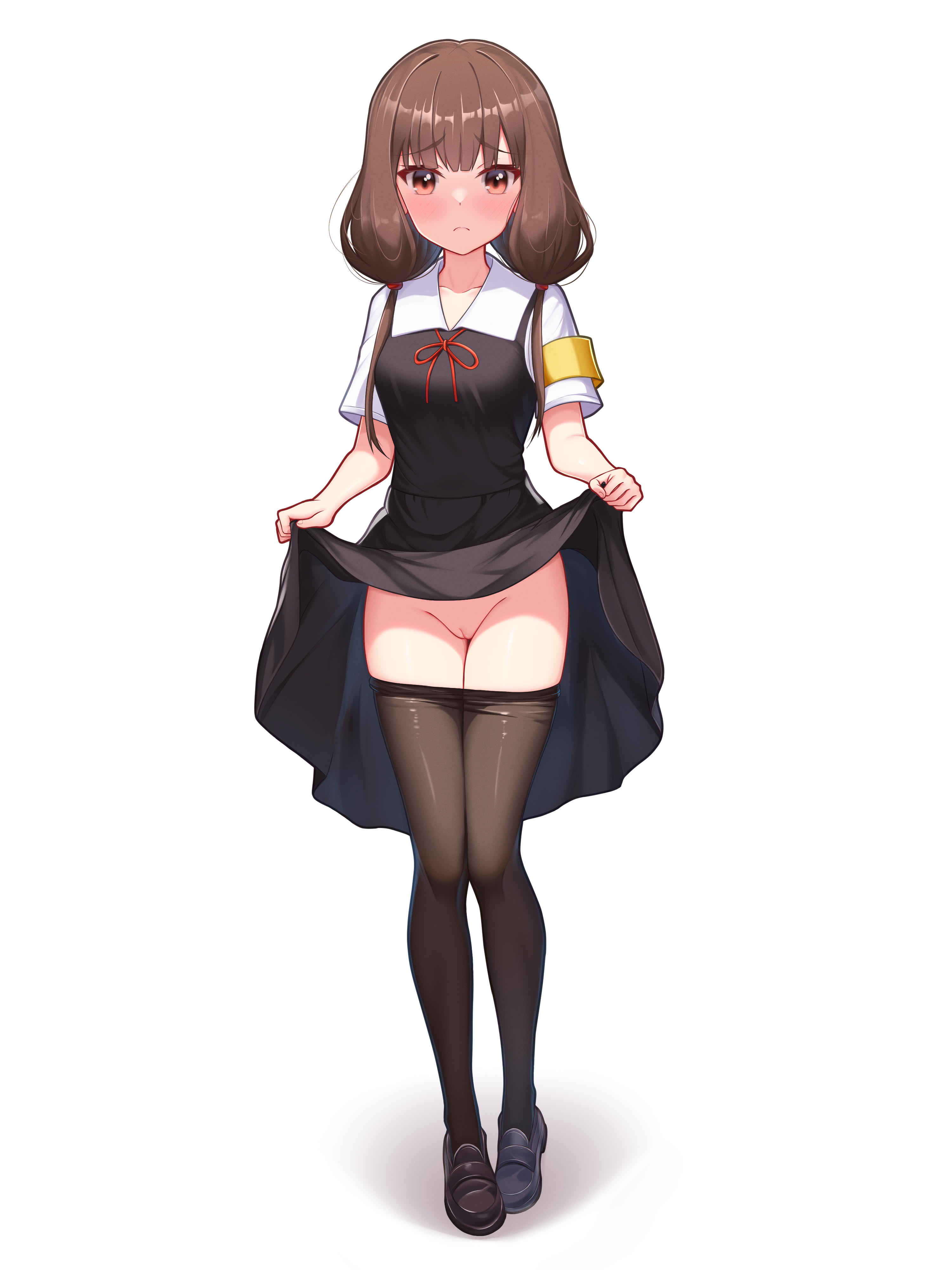 1girls, armband, bare hips, black footwear, black school uniform, black shoes, blush, blush face, blushing at viewer, blushing female, brown eyebrows, brown eyes, brown hair, brown legwear, brown pantyhose, brown stockings, brown tights, brown-eyed female, brown-haired female, cleft of venus, collarbone, curvaceous, curvaceous body, curvaceous female, curvaceous figure, curvaceous hips, curvaceous teenager, curvy, curvy body, curvy female, curvy figure, curvy hips, digital, digital art, digital drawing, digital drawing (artwork), digital media, digital media (artwork), embarrassed expression, embarrassed female, exposed hips, exposed pussy, exposed skin, exposing, exposing pussy, exposing self, eyebrows visible through hair, female, female focus, female only, fingernails, fingers, flustered, flustered female, footwear, full body, groin, high resolution, high school student, highres, iino miko, inguinal crease, inguinal ligament, kaguya-sama wa kokurasetai ~tensai-tachi no renai zunousen~, knees, lean figure, legs, legwear, long hair, looking at viewer, moriforests, narrow waist, nervous, nervous expression, nervous face, nervous female, pantyhose, pantyhose down, pussy, pussy lips, school uniform, schoolgirl, shoes, shoulders, showing armpits, showing pussy, shuuchiin academy school uniform, shuuchiin academy uniform, shy, simple background, skirt lift, skirt lifted, skirt lifted by self, slender body, slender waist, slim waist, solo, standing, stockings, stockings down, teenage female, teenager, thighs, tights, tights down, twintails, twintails (hairstyle), uncensored, uncensored pussy, uncensored vagina, vulva, vulva line, white background, wide hips, young female, young woman