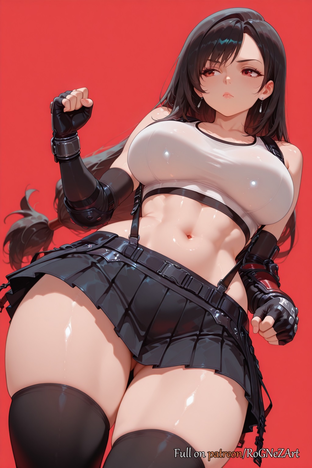 2025, abs, ai generated, anime, ass visible through thighs, bangs, bare shoulders, black gloves, black hair, black skirt, black thighhighs, breasts, brown hair, clenched hands, closed mouth, collarbone, crop top, crossover, earrings, elbow gloves, elbow pads, female, female focus, female only, final fantasy, final fantasy vii, final fantasy vii remake, fingerless gloves, gloves, highres, jewelry, large breasts, long hair, looking to the side, low-tied long hair, midriff, miniskirt, navel, pleated skirt, red background, red eyes, rognezart, shiny, shiny skin, shirt, simple background, skindentation, skirt, solo, stomach, suspender skirt, suspenders, tank top, taut clothes, taut shirt, thighhighs, thighs, tifa lockhart, toned, white tank top, zettai ryouiki