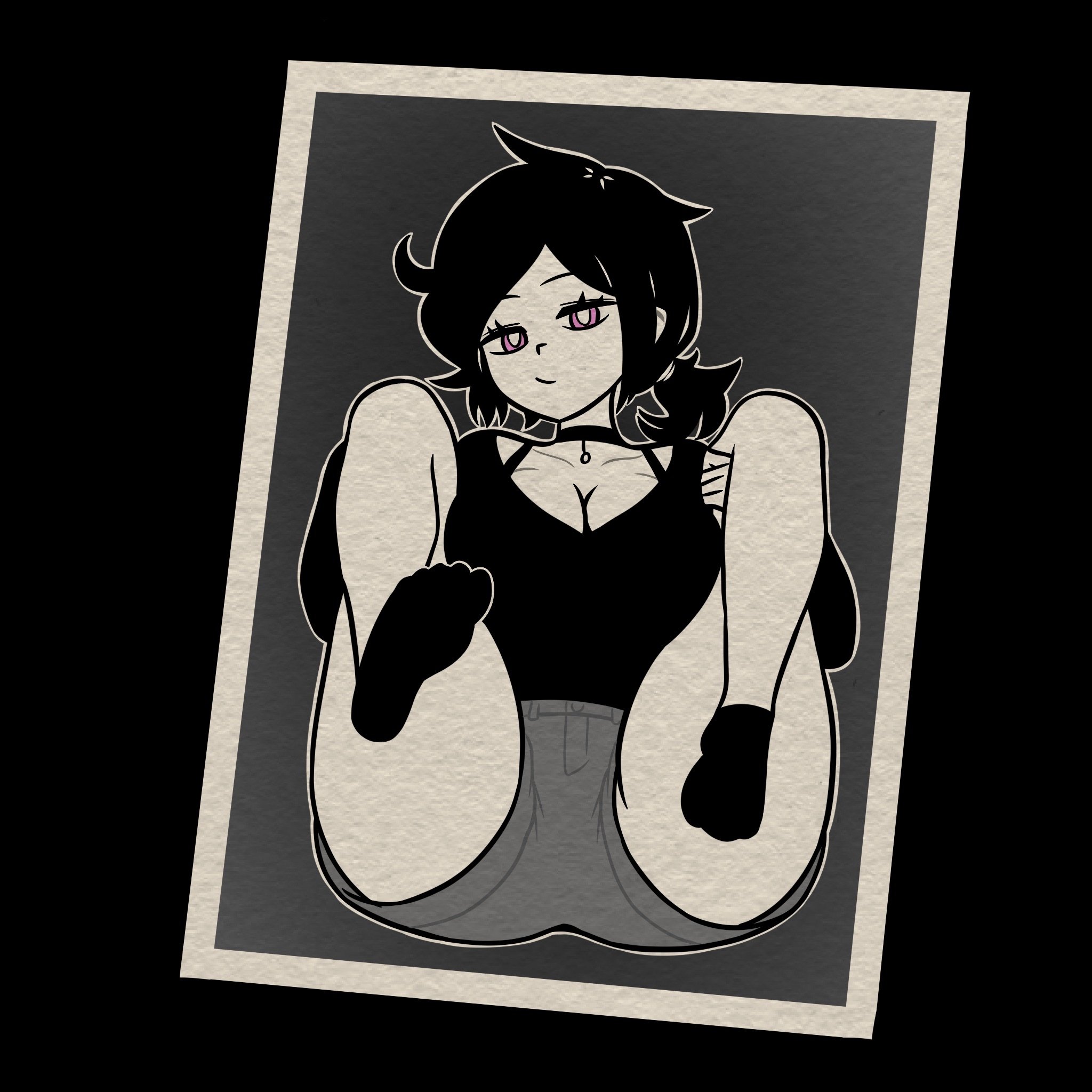 1girls, ash asin ashley, ashley graves, ass, black hair, black topwear, booty shorts, bra strap, chocker, female, fully clothed, laying back, legs up, monochrome, photo, pink eyes, polaroid, ponytail, presenting, socks, sole female, the coffin of andy and leyley, thick thighs