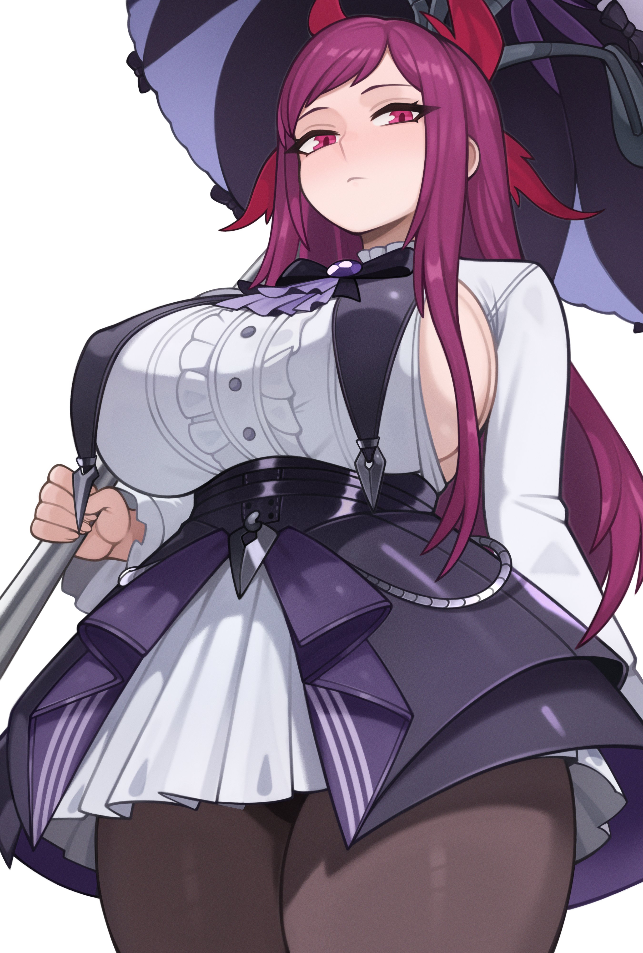 1girls, absurdres, breasts, brown pantyhose, cosplay, female, fire emblem, fire emblem engage, highres, holding, holding umbrella, ivy (fire emblem), large breasts, long hair, melonpuff, nintendo, pantyhose, purple hair, red eyes, simple background, solo, tagme, umbrella, vivian (zenless zone zero), vivian banshee, vivian banshee (cosplay), white background, zenless zone zero