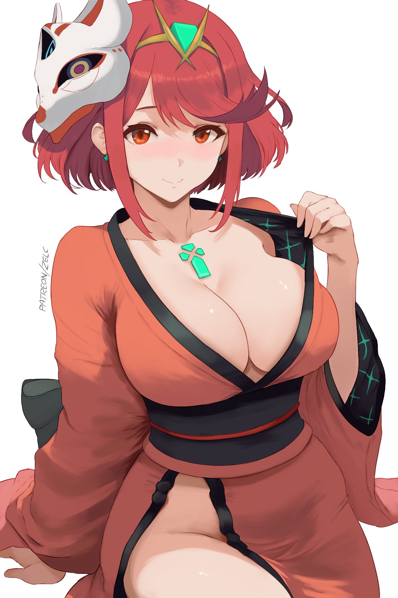 alternate costume, breasts, chest jewel, cleavage, closed mouth, female, fox mask, headpiece, highres, japanese clothes, kimono, large breasts, looking at viewer, mask, mask on head, pyra, red eyes, red hair, red kimono, simple background, sitting, smile, solo, swept bangs, thighs, white background, xenoblade (series), xenoblade chronicles 2, zelc-face