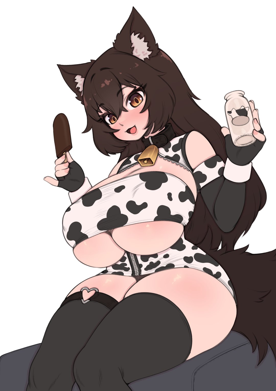 1girls, amber eyes, animal ears, big breasts, breasts, cat ears, choker, choker bell, clothed, clothing, collar, commission, cow print, female, female focus, female only, fingerless gloves, looking at viewer, milk, milk bottle, nail polish, nipple bulge, open mouth, painted fingernails, painted nails, pinky out, popsicle, revealing clothes, simple background, solo, solo focus, stockings, tagme (character), tail, thick thighs, thighhighs, tight clothing, whomperfruit