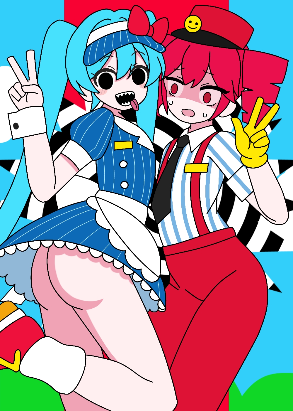 2d, 2d (artwork), 2girls, apron, aqua hair, artist request, ass, ass focus, black eyes, black necktie, blue dress, blue hair, blush, bow, clothed, clothed female, clothing, curvy, curvy female, curvy figure, detached cuffs, dress, drill hair, female, female focus, female only, flat chest, fully clothed, gloves, hat, hatsune miku, hips, hypnosis, kasane teto, kasane teto (sv), large ass, leg up, long hair, looking at viewer, mesmerizer (vocaloid), mesmerizer miku, mesmerizer teto, multiple girls, necktie, no panties, open mouth, pants, peace sign, petite, petite female, raised leg, red bow, red eyes, red footwear, red hair, red headwear, scared, scared expression, sharp teeth, shirt, short sleeves, simple background, skirt, slim female, slim waist, smile, sparkling eyes, striped, striped dress, suspenders, sweat, sweatdrop, sweating, synthesizer v, teeth, thick thighs, thighs, tongue, tongue out, twin drills, twintails, upskirt, utau, v, vertical stripes, very long hair, visor cap, vocaloid, wrist cuffs
