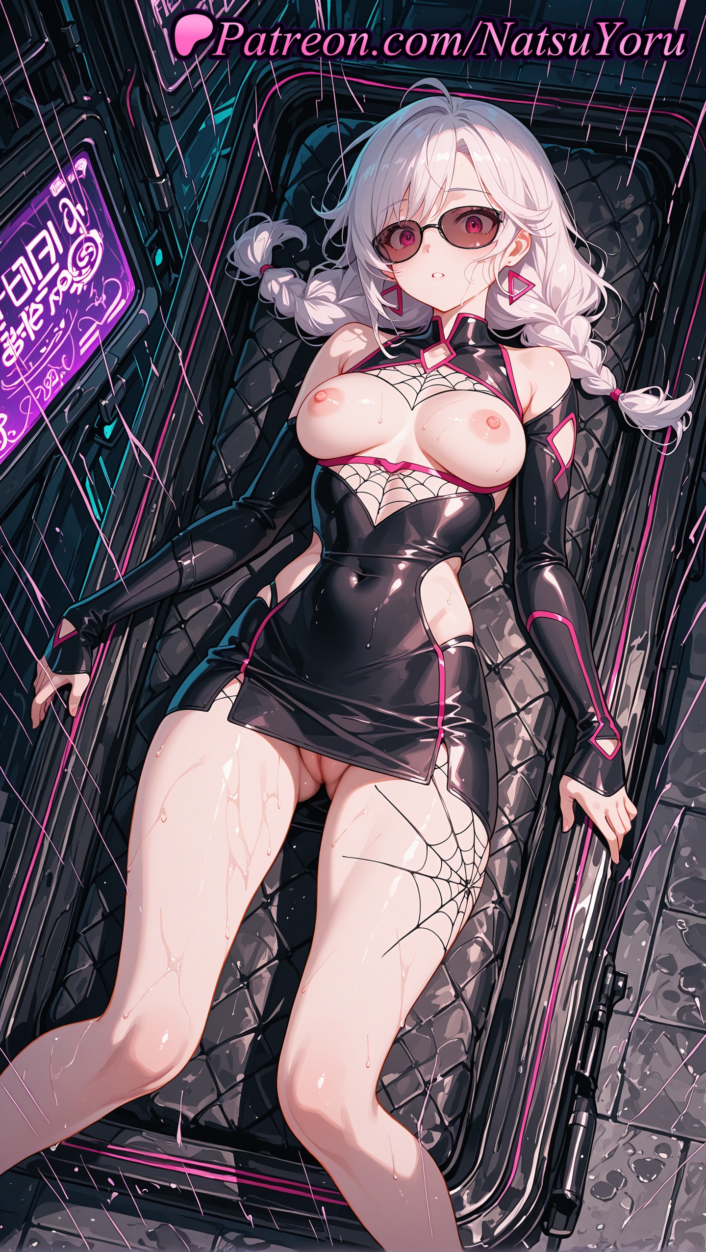 1girls, 2025, ahoge, ai generated, ass visible through thighs, bangs, bare shoulders, black dress, braid, breasts, breasts out, dress, earrings, elbow gloves, epic games, female, fortnite, fortnite: battle royale, hi res, highres, jewelry, large breasts, long hair, looking at viewer, lying, medium breasts, natsuyoru, nipples, on back, parted lips, patreon, pussy, rain, red eyes, sabina (fortnite), shiny, short dress, silk, solo, spider web, sunglasses, tinted eyewear, twin braids, uncensored, vagina, voluptuous, voluptuous female, weapon, white hair