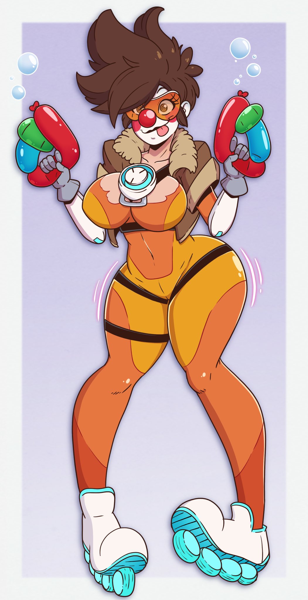 1girls, ass, big ass, big breasts, bimbo, breasts, brown hair, bubble ass, bubble butt, cameltoe, cleavage, clown, clown girl, clown makeup, clown nose, clownification, fat ass, female, overwatch, overwatch 2, pussy, thick thighs, tracer, tracer (overwatch 2 suit), wide hips, wiggle lines, wrenzephyr2