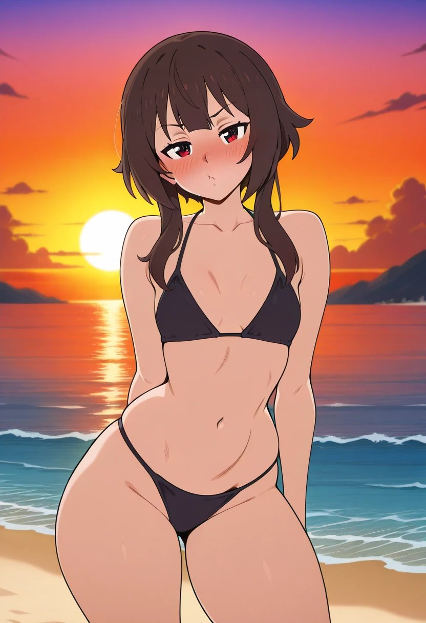 1girls, ai generated, beach, bikini, black bikini, blush, blush lines, blushing, breasts, brown hair, female, hair, kono subarashii sekai ni shukufuku wo!, light skin, light-skinned female, medium hair, megumin, petite, petite body, petite female, red eyes, small breasts, solo, solo female, teenage female, teenage girl, teenager, waifuposts