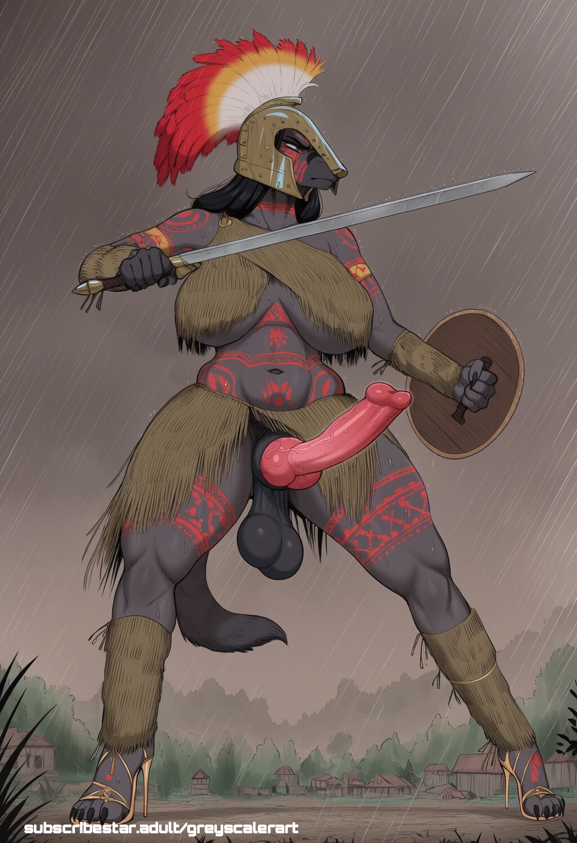 ai assisted, ai generated, balls, breasts, dog futa, dog girl, female, futa only, futanari, greyscaler, intersex, monster girl, penis, solo, solo futa, world of lust: the spire