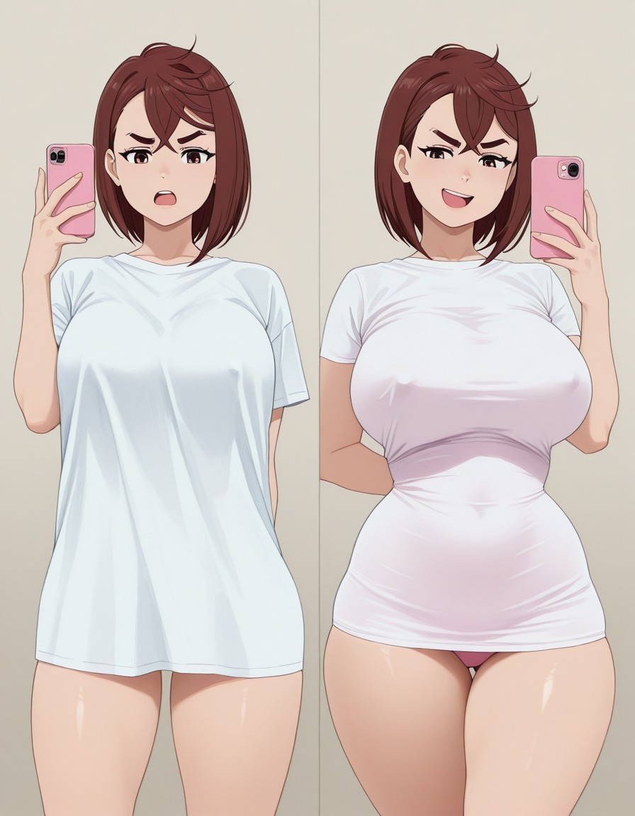 1girls, 2koma, ai generated, asmodeusoni, ayase momo, big breasts, breasts, brown hair, cellphone, dandadan, female, highres, medium hair, meme, phone, selfie, shirt, shirt tighten meme, t-shirt/pajamas challenge, thick thighs, wide hips