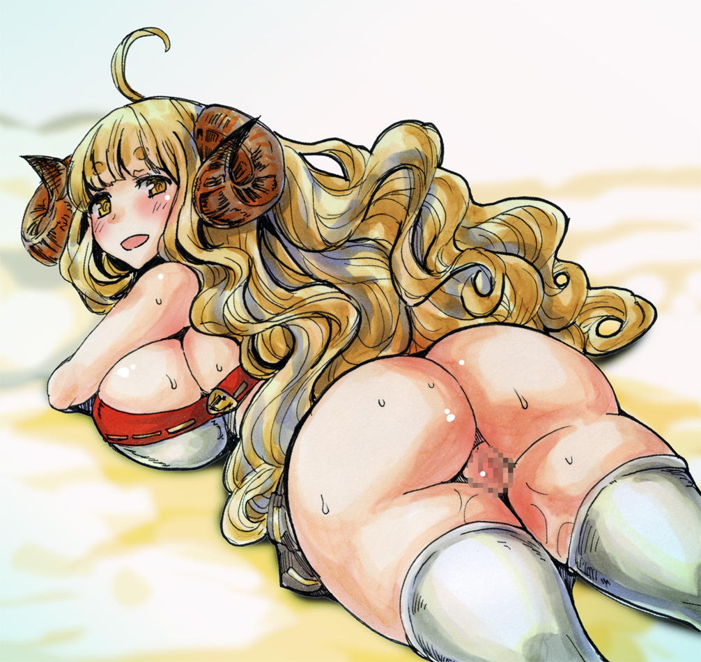 1girls :d ahoge anira_(granblue_fantasy) ass blonde_hair blush breasts brown_eyes censored granblue_fantasy horns huge_ass huge_breasts kikuta long_hair looking_at_viewer looking_back lying marker_(medium) millipen_(medium) mosaic_censoring on_stomach open_mouth plump pussy sheep_horns sideboob sketch smile thick_thighs thighhighs traditional_media wet white_legwear wide_hips