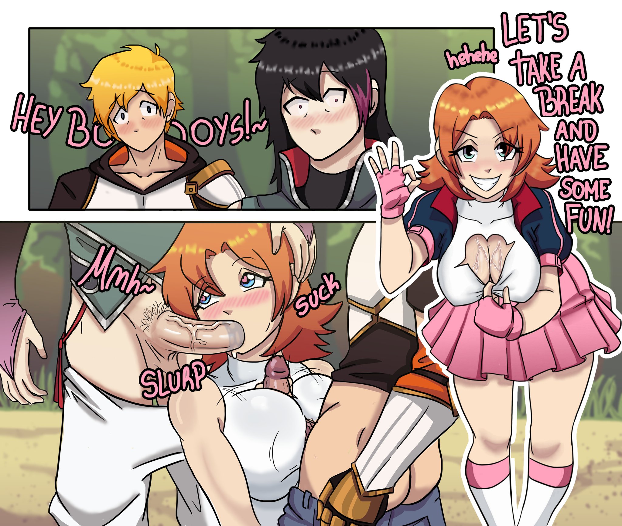 1girls, 2boys, big breasts, big penis, black hair, blonde hair, blowjob, blue eyes, breasts, bruntgonewrong, cleavage, english text, fellatio, fellatio gesture, female, heart-shaped pupils, jaune arc, large breasts, lie ren, male, mmf threesome, multiple boys, multiple males, nora valkyrie, orange hair, paizuri, penis, rwby, short hair, smile, straight, text, threesome