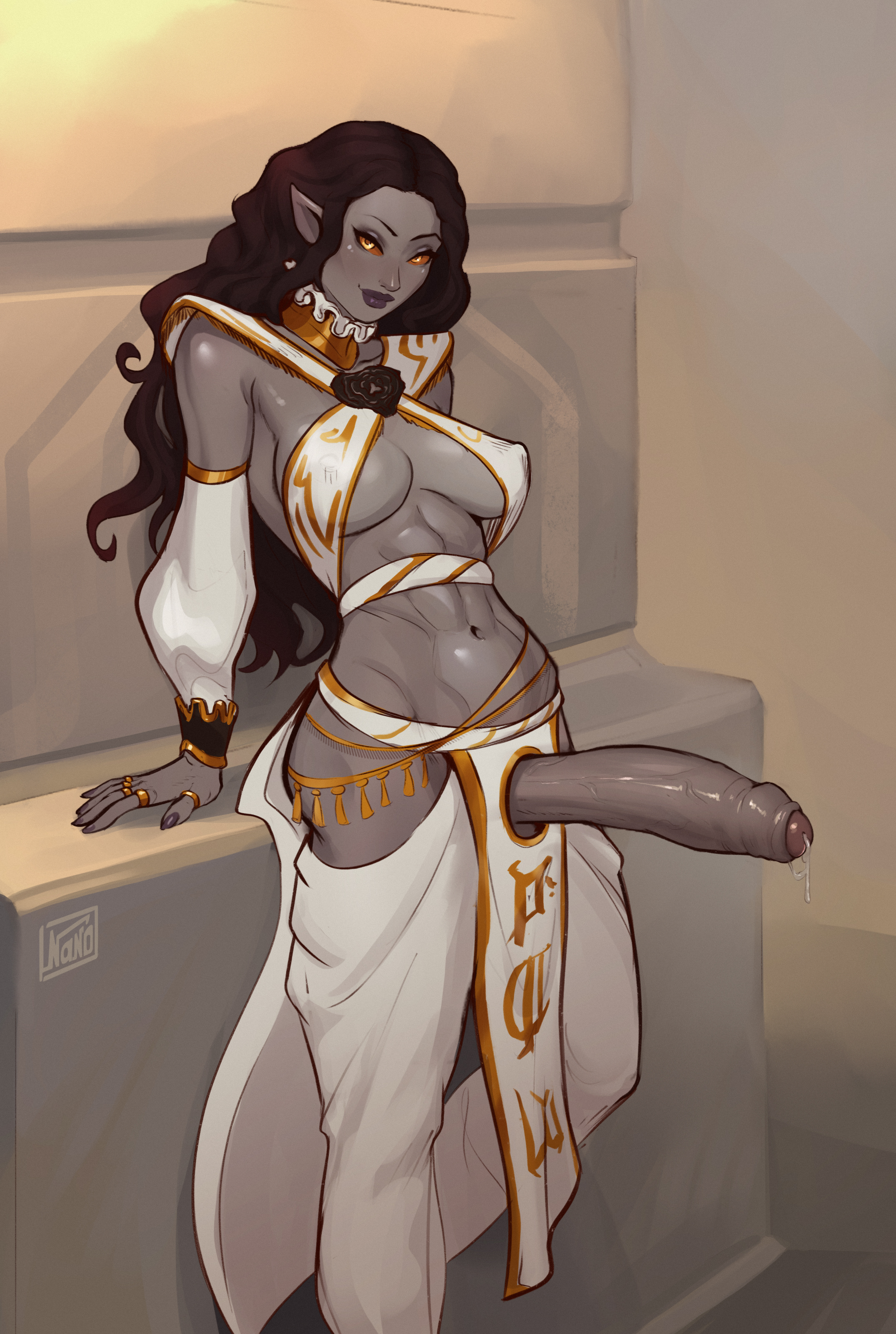 1futa, big penis, black hair, breasts, casual, clothed, clothing, dark skin, dark-skinned futa, elenda the dusk rose, elf ears, erection, foreskin, futa only, futanari, grey skin, huge cock, intersex, loincloth, looking at viewer, magic the gathering, nanodeath, partially clothed, partially retracted foreskin, penis, pointy ears, retracted foreskin, solo, solo futa, standing, uncircumcised, uncut, vampire, yellow eyes