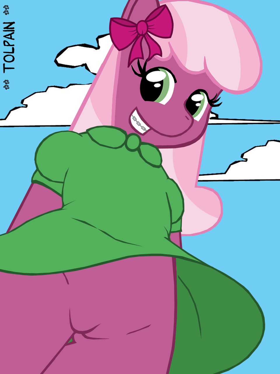 anthro anthrofied braces cheerilee_(mlp) dress earth_pony equine female friendship_is_magic fur furry green_eyes horse low-angle_shot mammal multicolored_hair my_little_pony no_panties pony purple_fur pussy skirt smile solo teeth tolpain two_tone_hair upskirt