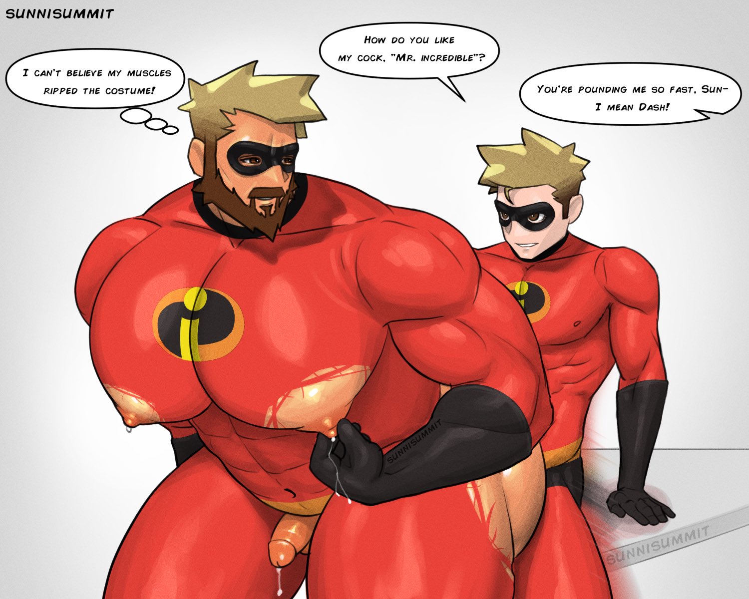 2boys, age difference, big pecs, clothed, clothing, cosplay, cosplay sex, dash parr, dialogue, disney, english text, father and son, from behind, gay, incest, kinktober, kinktober 2025, lactation, looking back, male, male lactation, male only, male/male, mature male, mr. incredible, muscular, muscular male, nipples, pecs, pixar, robert parr, sex, sunnisummit, text, the incredibles, yaoi, younger male