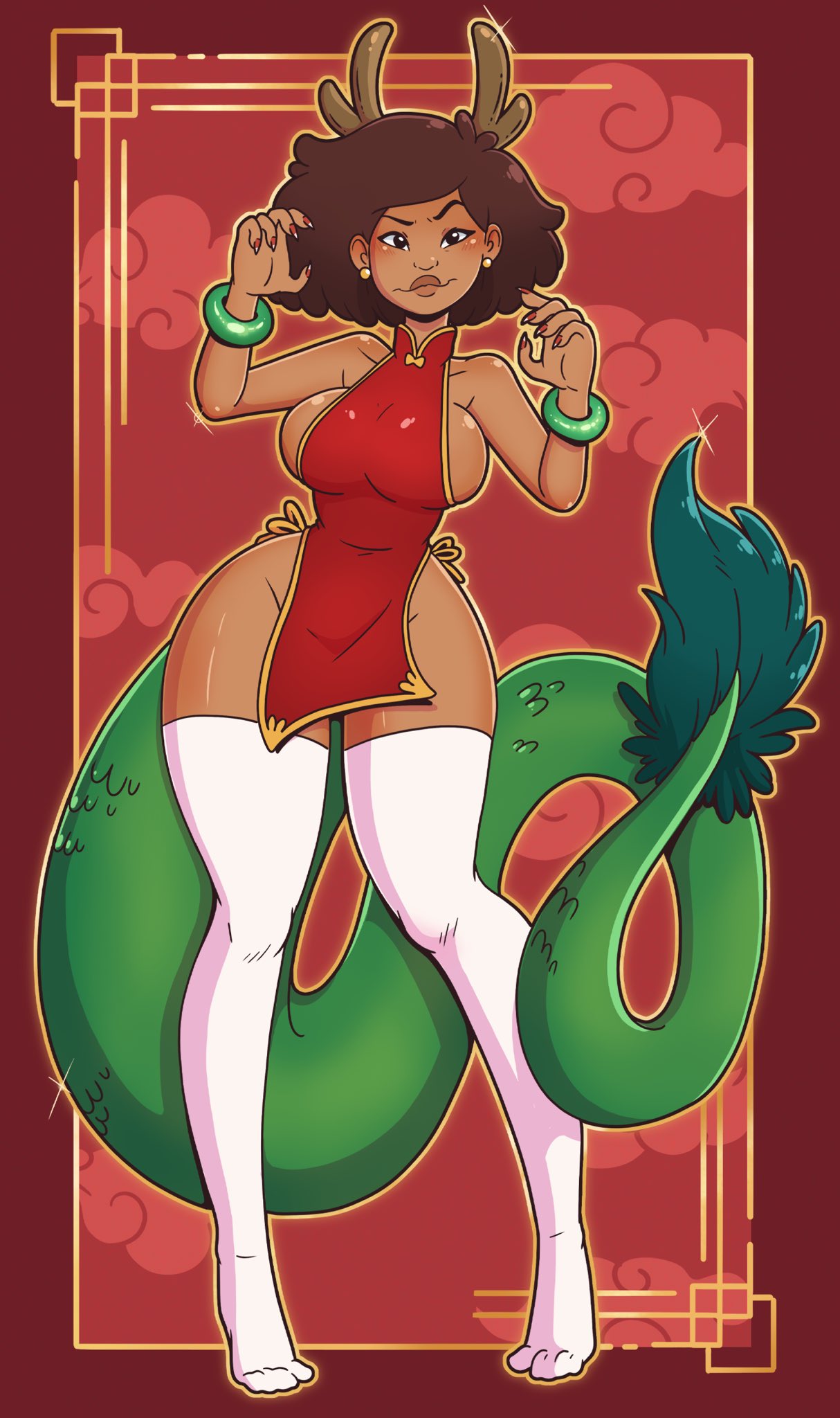 1girls, amphibia, big breasts, bimbo, breasts, brown hair, china dress, chinese clothes, dark skin, dark-skinned female, disney, disney channel, dragon, dragon horns, dragon tail, female, female only, looking at viewer, mature female, mrs. boonchuy, oum boonchuy, solo, wide hips, wrenzephyr2, year of the dragon