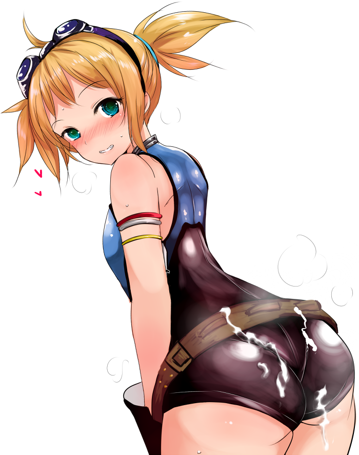 ahoge ass bare_shoulders belt blonde_hair blue_eyes blush cum cum_on_ass cum_on_body cum_on_clothes cum_on_lower_body female from_behind granblue_fantasy grin han_(jackpot) heart leotard looking_at_viewer looking_back nose_blush pantylines pengy_(granblue_fantasy) short_hair short_twintails simple_background smile solo thick_thighs tied_hair twintails white_background wide_hips