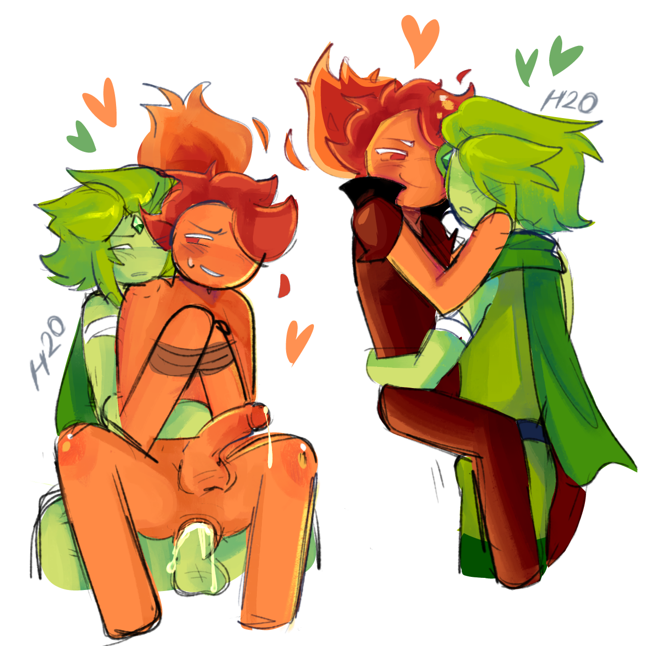 2boys, 2d (artwork), anal, anal sex, ass, blush, bondage, bulge through clothing, bulge under clothes, clothes, colored, cookie run, cookie run kingdom, cookie run ovenbreak, cum in ass, cum inside, digital drawing (artwork), erection, fire spirit cookie, gay, gay sex, h20 0, heart, hearts around head, holding partner, looking at partner, male, male/male, naked male, penetration, penis, precum, precum drip, scarf, signature, sitting on lap, sitting on penis, sitting on person, smiling at partner, sweatdrop, tagme, tied hands, wind archer cookie