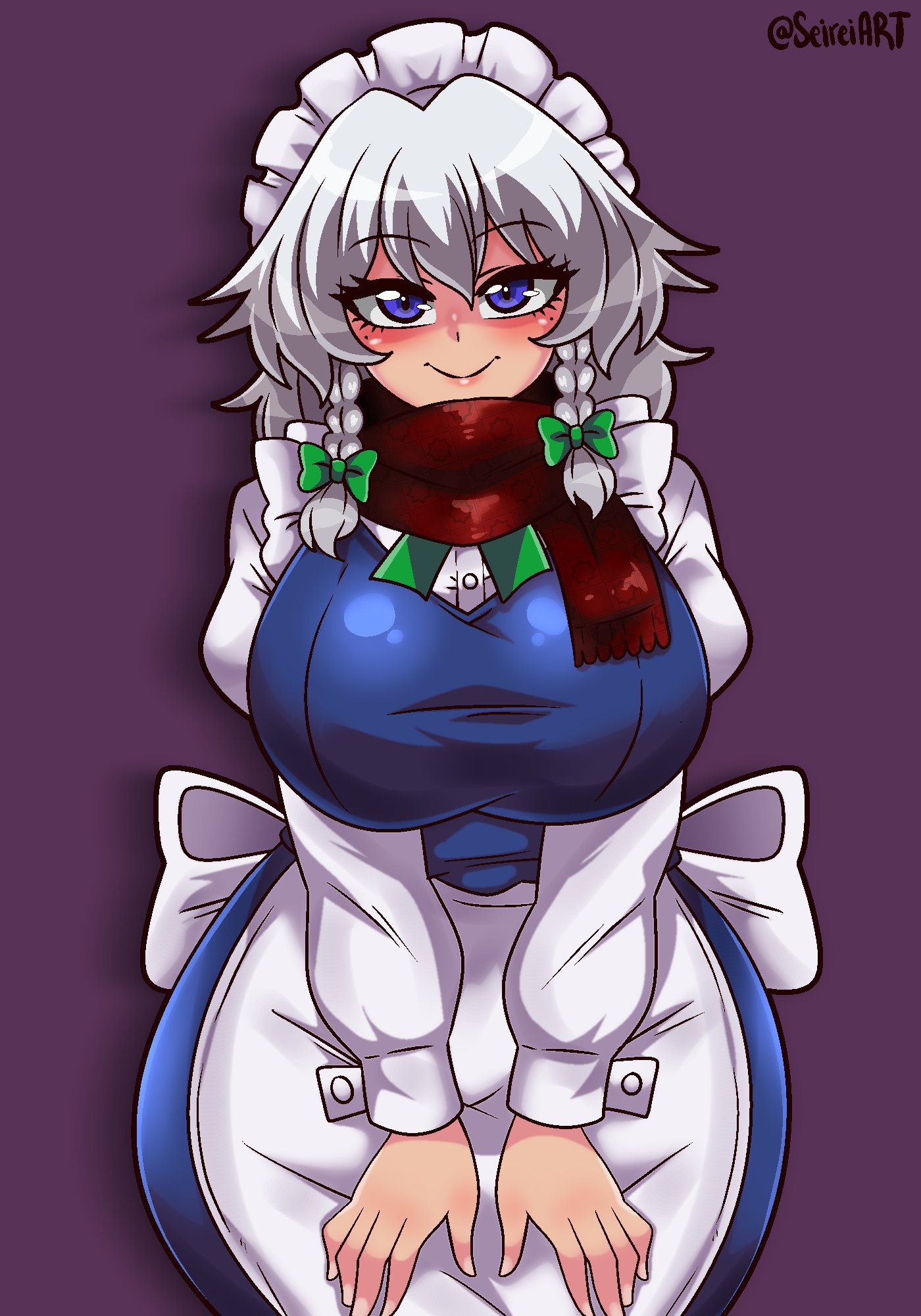 apron, artist name, blue dress, blue eyes, bow, braid, breasts, curvy, dress, female, green bow, green ribbons, grey hair, hair ribbon, hairbow, highres, huge breasts, izayoi sakuya, large breasts, long hair, long sleeves, looking at viewer, maid, maid apron, maid headdress, purple background, red scarf, ribbon, sakuya izayoi, scarf, seireiart, short hair, simple background, smile, solo, touhou, twin braids, twitter username, v arms, waist apron, watermark