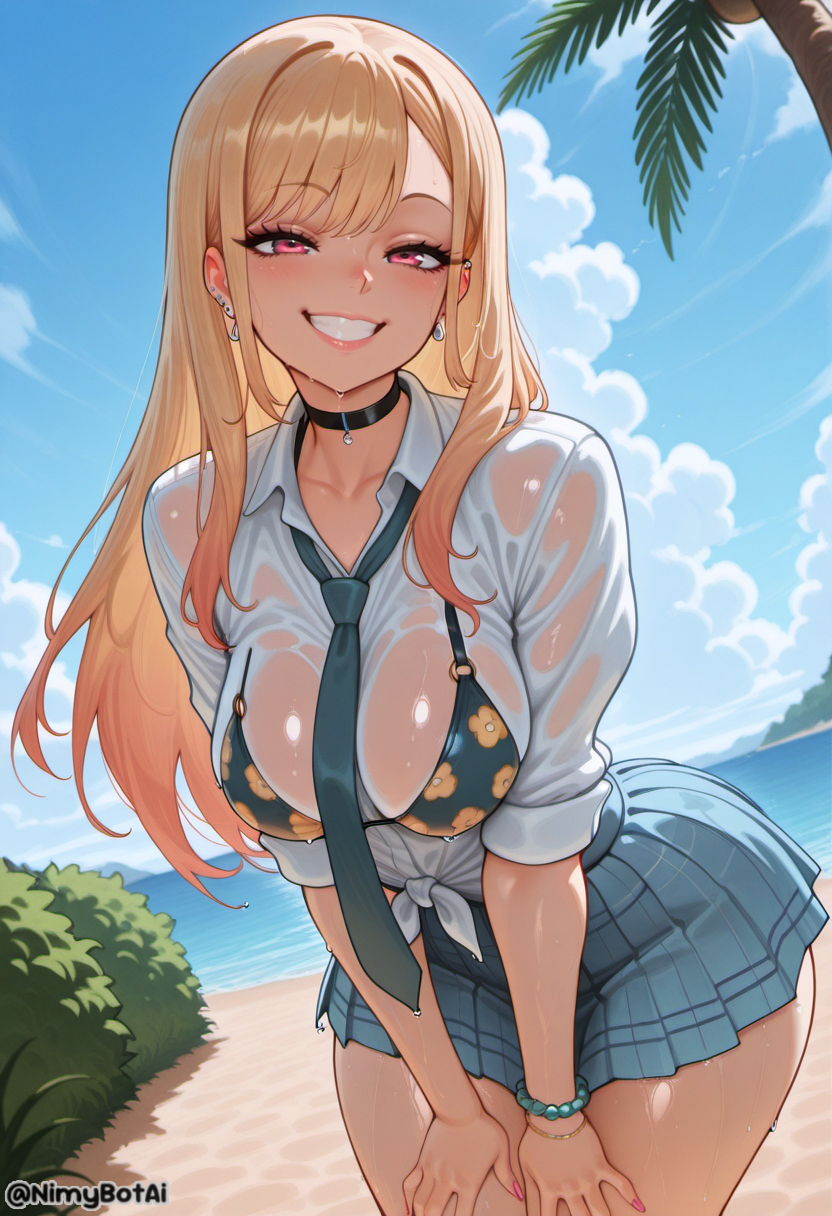 ai generated, bangs, beach, bead bracelet, beads, bikini, black bikini, black choker, blonde hair, blue skirt, blue sky, blush, bracelet, breasts, choker, cloud, collared shirt, day, ear piercing, earrings, female, floral print, grin, hands on own thighs, high resolution, highres, jewelry, kitagawa marin, large breasts, leaning forward, long hair, looking at viewer, multicolored hair, necktie, nimybotai, ocean, outdoors, piercing, pink nails, plaid, plaid skirt, pleated skirt, print bikini, red eyes, school uniform, see-through, shirt, skirt, sky, smile, solo, sono bisque doll wa koi wo suru, stable diffusion, swimsuit, thighs, tied shirt, tree, wet, wet clothes, wet shirt, white shirt