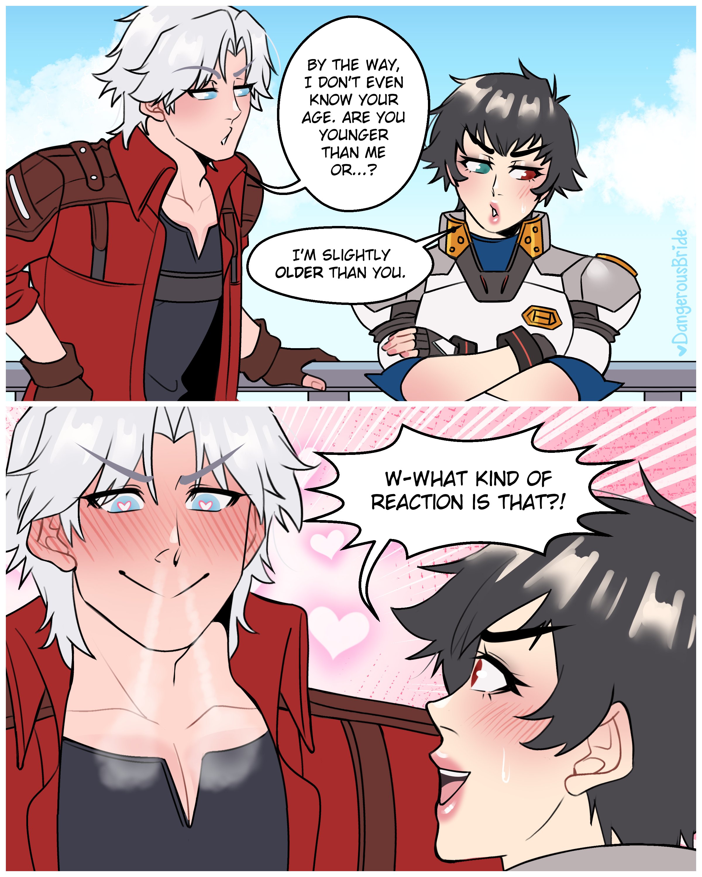 1boy, 1girls, 2d, black hair, blue eyes, blush, capcom, dangerousbride, dante (devil may cry), dante (netflix), devil may cry (netflix), devil may cry (series), dialogue, ear blush, english text, female, funny, green eyes, heart, heart-shaped pupils, heavy blush, heterochromia, lady (devil may cry:netflix), lady (devil may cry), male, older female, red eyes, smiling, speech bubble, steam, text, very high resolution, white hair, younger male