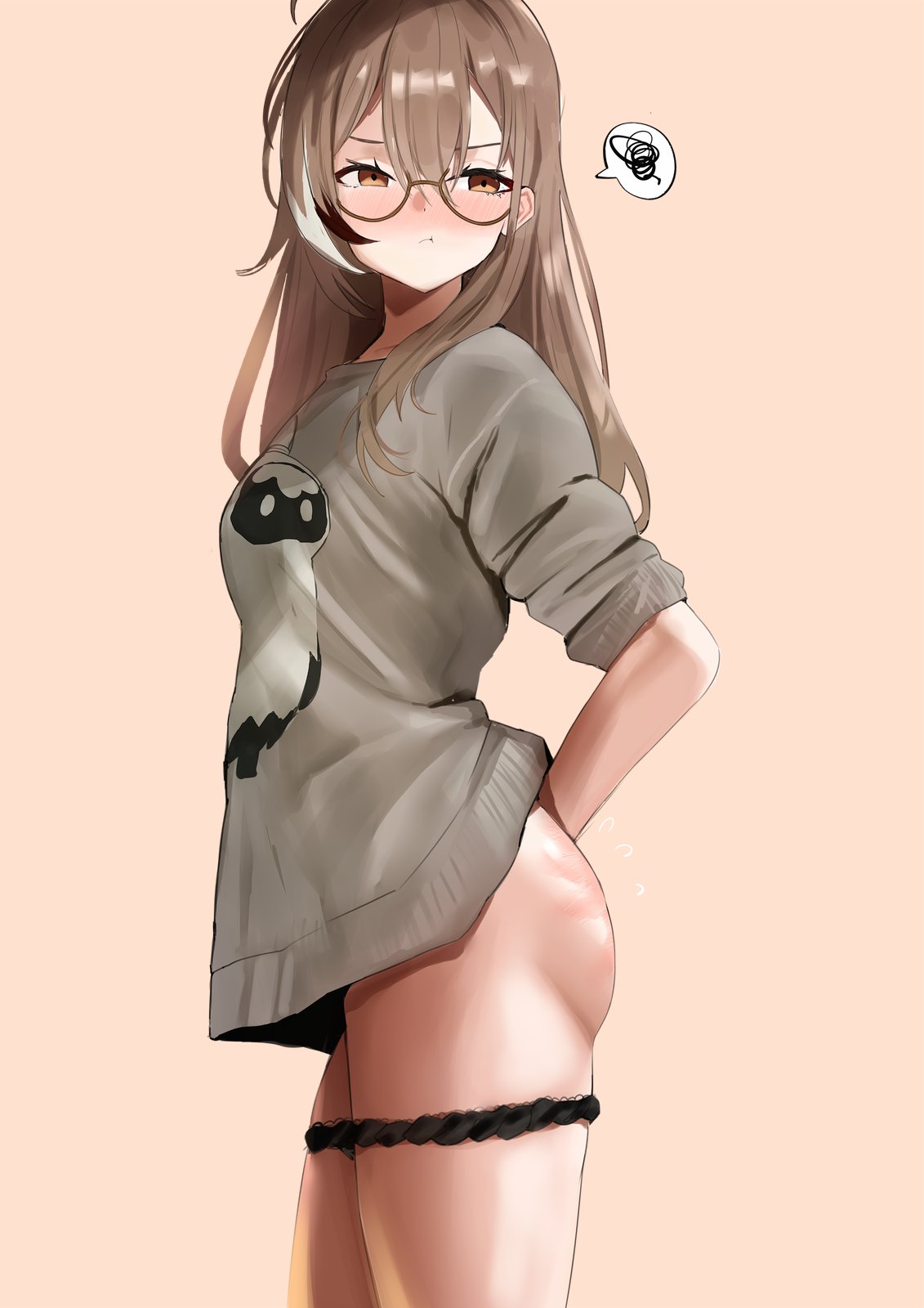 :t, 1girls, ahoge, annoyed expression, ass, black hair, black panties, bothered, breasts, brown hair, closed mouth, female, female only, glasses, hololive, hololive english, hololive english -council-, hololive english -promise-, implied sex, light-skinned female, long hair, long sleeve sweater, long sleeves, multicolored hair, nanashi mumei, no pants, panties, panties down, panties pulled down, pout, pouting, redi (rasec asdjh), side view, slap mark, solo, solo female, solo focus, spank marks, speech bubble, tagme, virtual youtuber, white hair