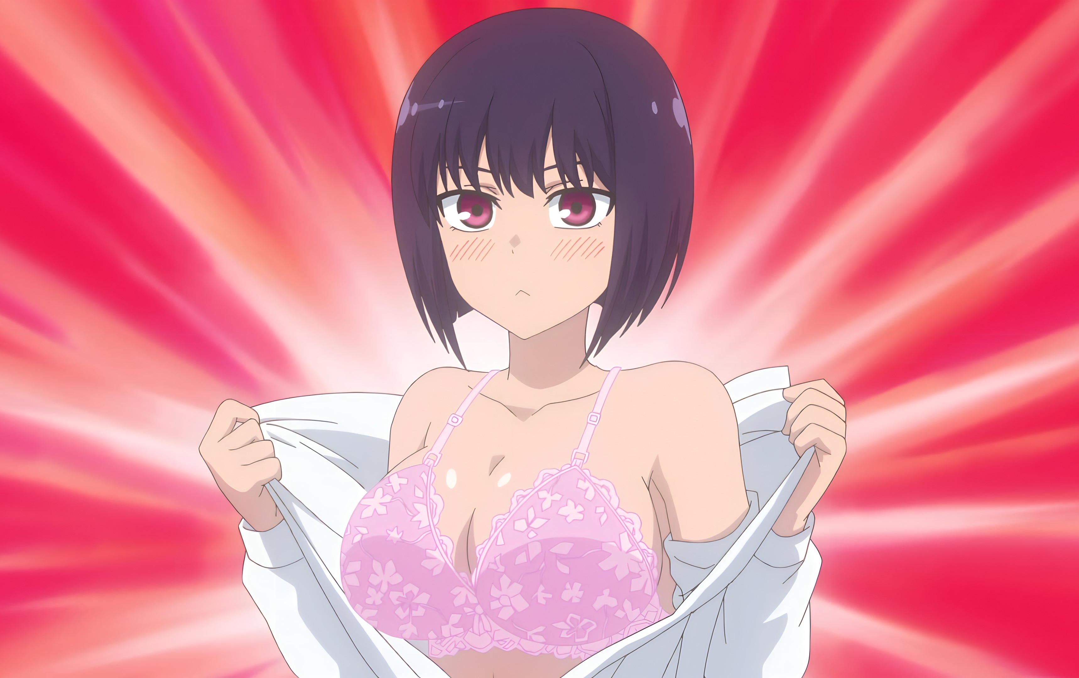 1girls, bangs, bare chest, bare shoulders, blunt bangs, blush, blush lines, bob cut, breast focus, breasts, busty, cleavage, closed mouth, exhibitionism, exhibitionist, female, female focus, female only, flashing, flashing breasts, floral print, floral print bra, gradient background, hana sunomiya, hi res, high resolution, huge breasts, lingerie, long sleeve shirt, long sleeves, looking at viewer, open shirt, petite, petite body, pink bra, pink lingerie, please don't bully me, nagatoro, presenting, presenting breasts, pulled by self, purple hair, red eyes, school uniform, schoolgirl, screencap, shirt, showing breasts, solo, solo focus, teenage female, teenager, undressed, upper body, white shirt