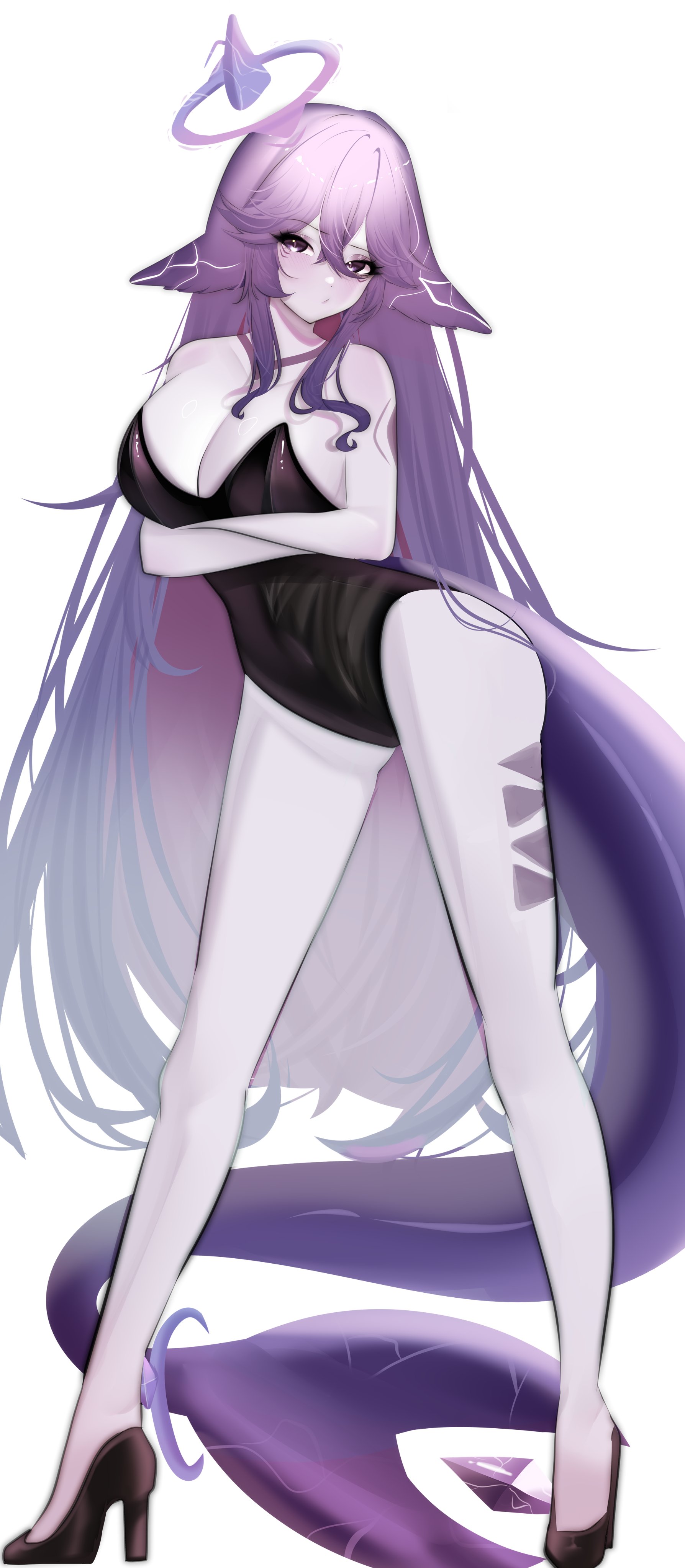 1girls, ass, bunnysuit, female, high heels, hips, indie virtual youtuber, legs, long hair, megalodon (vtuber), purple eyes, purple hair, purple skin, shark girl, shylia vt, tail, virtual youtuber, vtuber