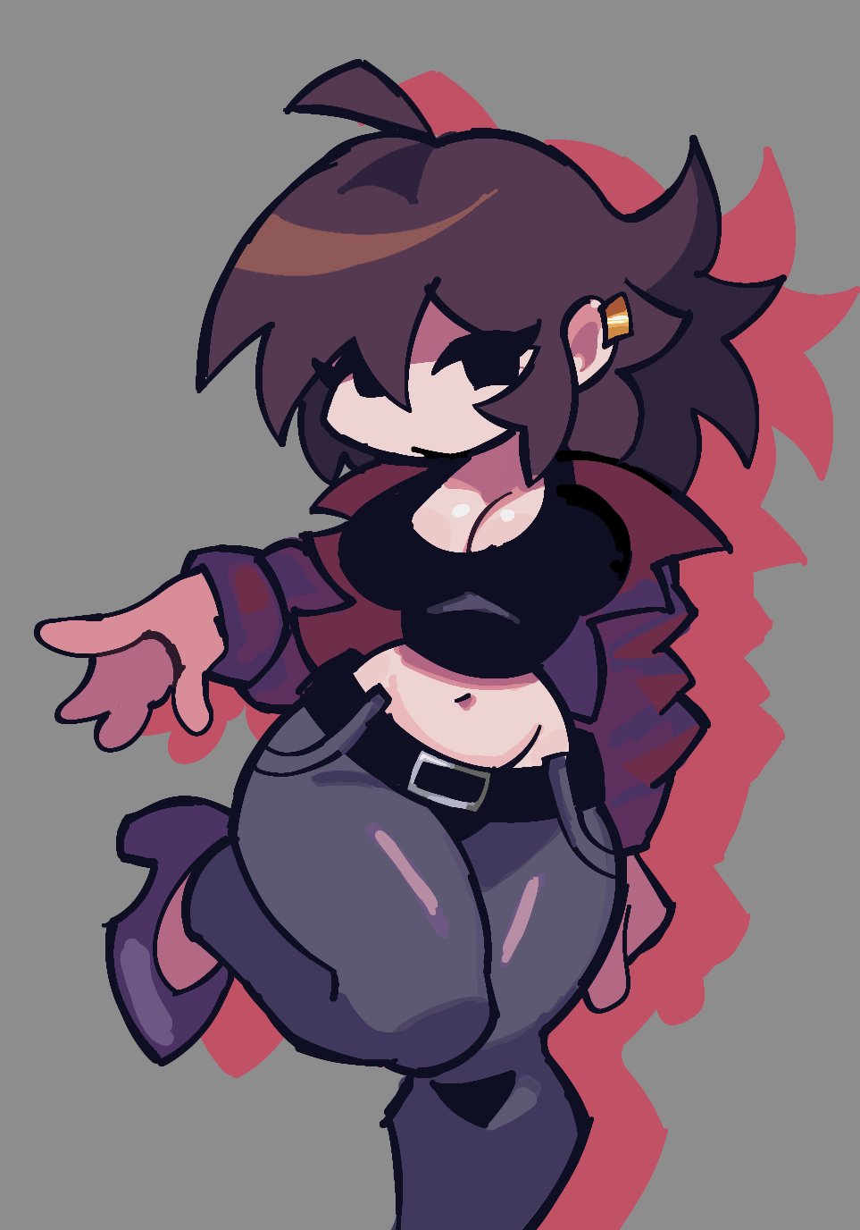 1girls, belly button, belt, big breasts, biuubrry, blenurr3, breasts, brown hair, crop top, ear piercing, female, female only, fnf, fnf mod, fnf mods, friday night funkin, friday night funkin mod, friday night trepidation, girlfriend (friday night funkin), heels, hourglass figure, jacket, jeans, midriff, old art, simple background, thick thighs, trepidation gf (friday night funkin)