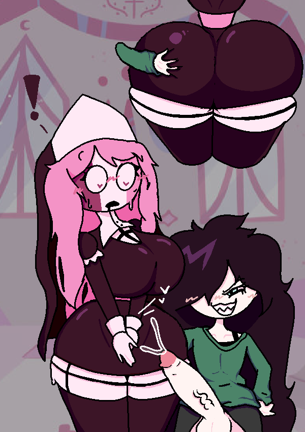 1girl1futa, 1girls, ass, big ass, big breasts, big penis, breasts, bubble ass, bubble butt, dark hair, ellie (ilterpng), female, flat chest, friday night funkin, friday night funkin mod, futanari, groping, groping ass, habit, hand on ass, hand on butt, heart-shaped pupils, huge ass, huge breasts, huge cock, ilterpng, intersex, leaking, leaking precum, midfight masses, nun, nun outfit, pale skin, penis, pink hair, precum, sarvente, sarvente (dokki.doodlez), sarvente (friday night funkin), sharp teeth, shocked, shocked expression, silly, simple background, simple coloring, simple shading, smiling, smug, smug face, smug grin, suprised, sweat, sweatdrop, thick ass, thick thighs, thin waist, wide hips