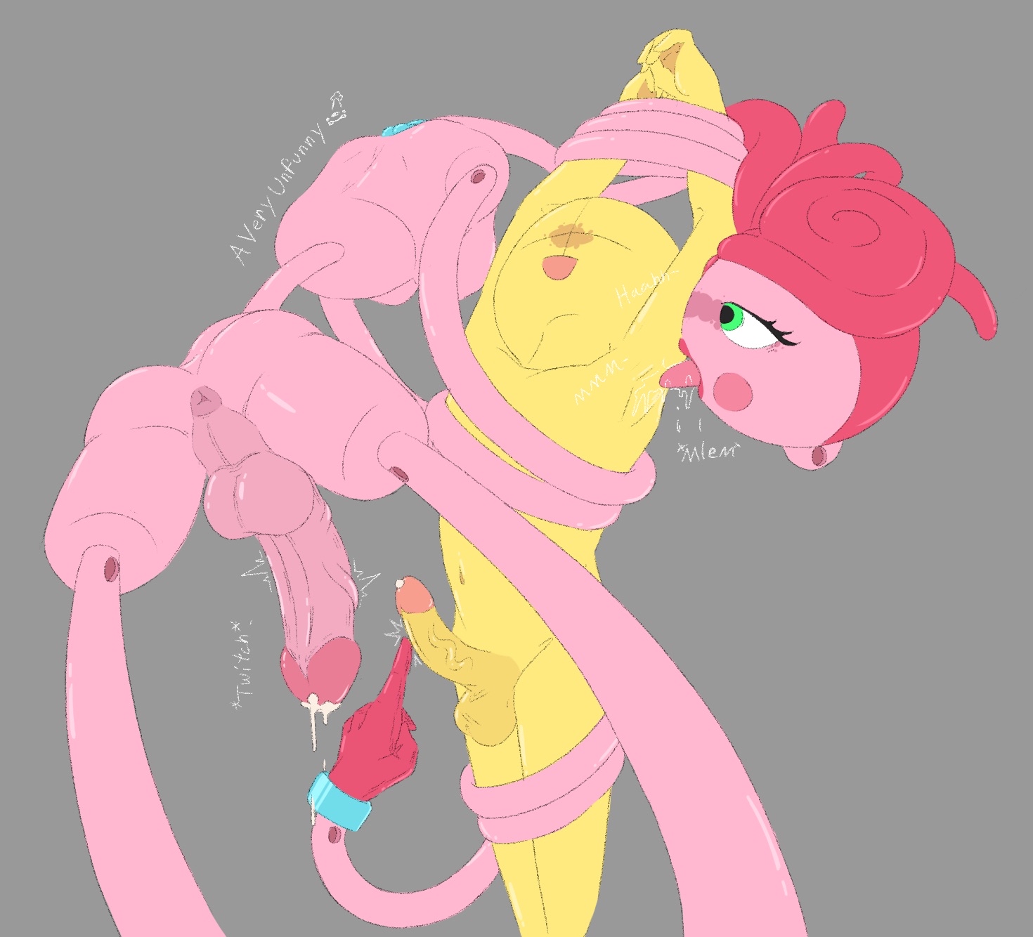 1boy, 1futa, anus, armpit crease, armpit fetish, armpit licking, armpits, arms up, averyunfunny, bound, cum, futa on male, futanari, intersex, male, mommy long legs, pink hair, pink skin, poppy playtime, protagonist (poppy playtime), yellow skin