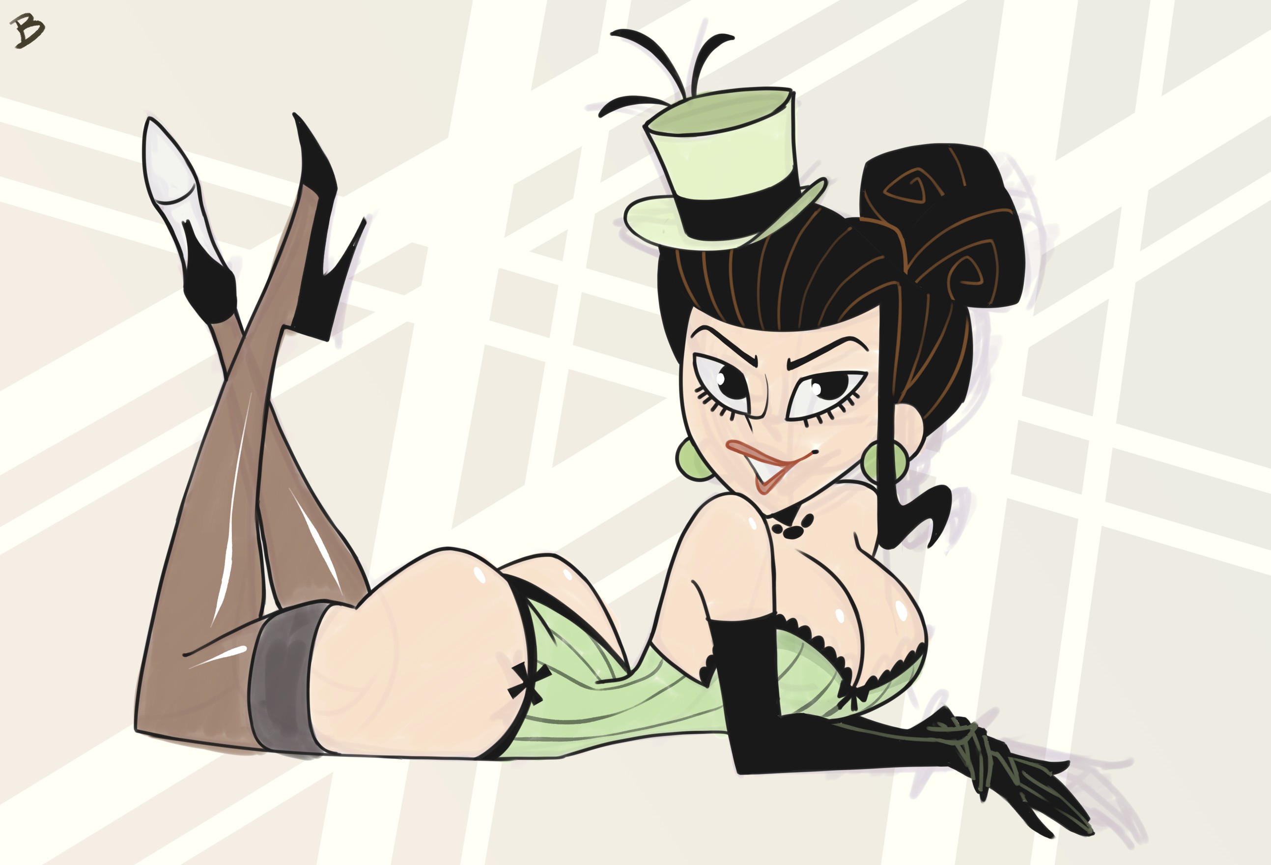1girls, armwear, ass, big ass, big breasts, black eyes, black gloves, black thighhighs, breasts, brown hair, cleavage, corset, ear piercing, earrings, elbow gloves, female, female only, footwear, gloves, hair, hair bun, hat, headwear, heels, high heels, josephine clench, legs up, legwear, lips, on stomach, roger bacon, samurai jack, solo, solo female, thighhighs, thighs