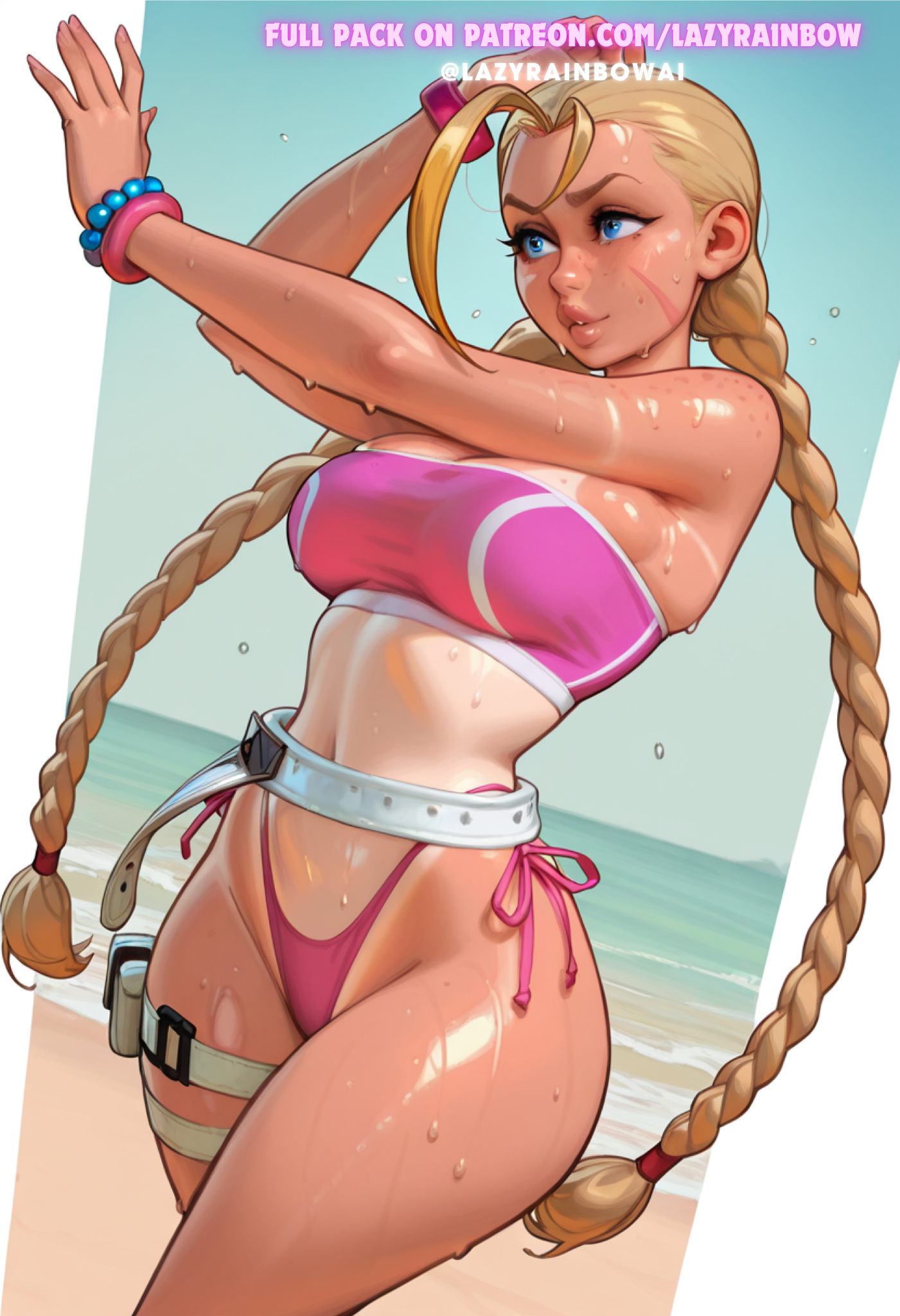 absurd res, ai generated, beach, bikini, blonde female, blonde hair, blue eyes, braid, braided hair, cammy white, cammy white (fortnite), capcom, caption, cleavage, dark skin, female, hi res, highres, lazyrainbow, long hair, midriff, navel, patreon, patreon url, patreon username, sadtomato, street fighter, street fighter 6, sweat, tan, tan body, tan skin, tan-skinned female, tanline, thigh strap