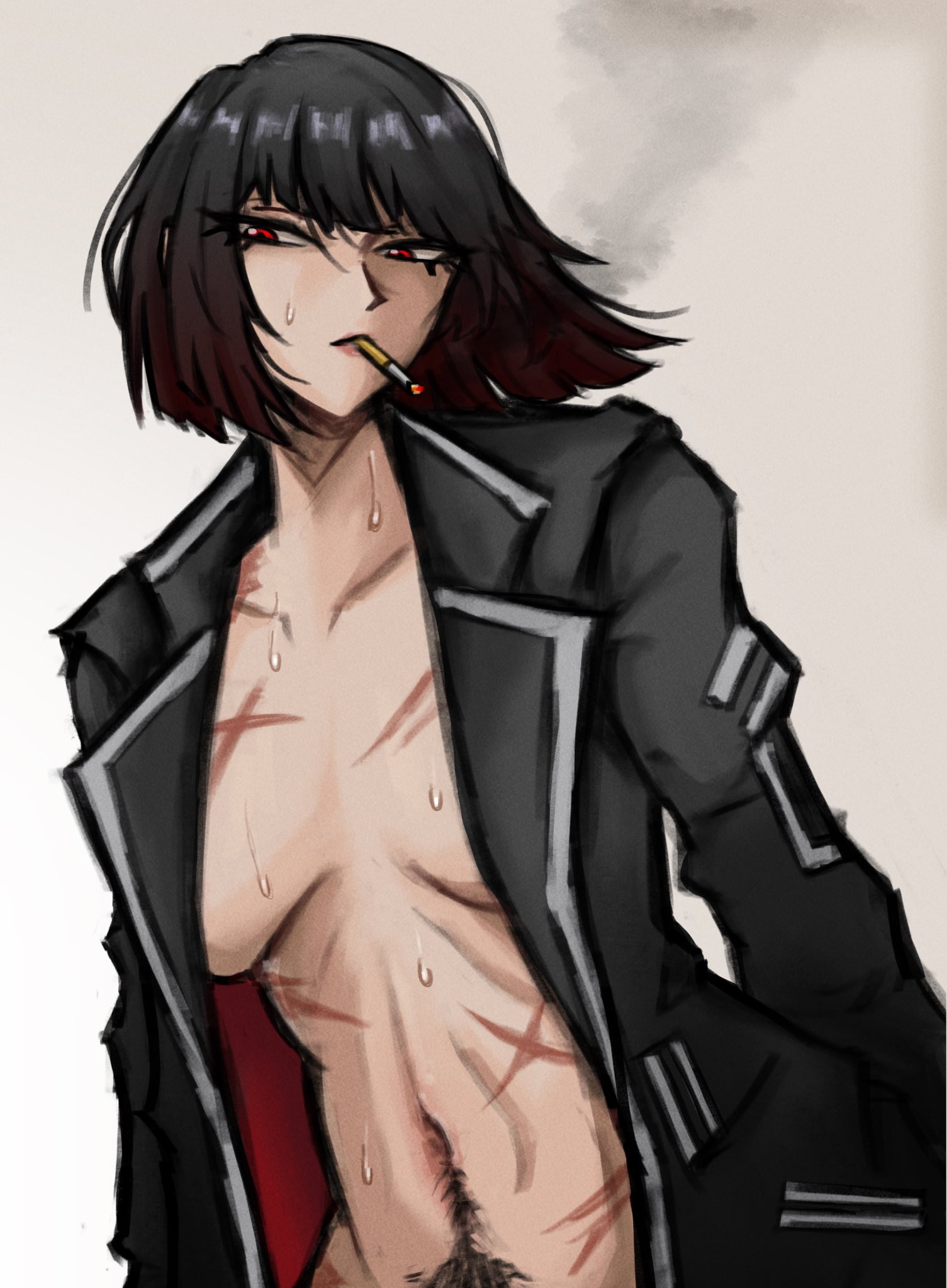 1girls, black hair, breasts, cigarette, female, limbus company, project moon, pubes, pubes exposed, red eyes, ryoshu (limbus company), scar, scars, valentine gaz