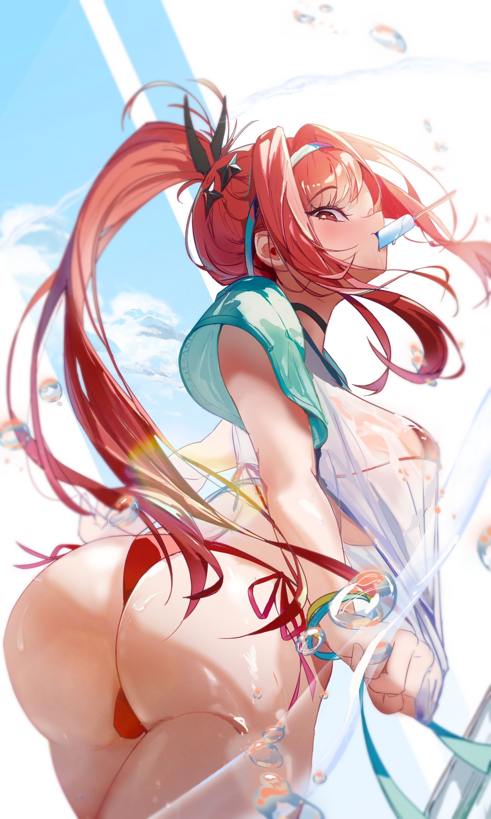 absurdres, ass, bikini, bikini under clothes, black ribbon, blue sleeves, bracelet, breasts, curvy, female, food, food in mouth, food on face, goddess of victory: nikke, hair intakes, hair ribbon, hairband, highleg, highleg bikini, highres, huge ass, huge breasts, ice cream, jewelry, long hair, looking at viewer, looking back, micro bikini, multiple bracelets, ponytail, popsicle, popsicle in mouth, rapi (nikke), rapi (red hood) (nikke), rapi (red hood) (red flavor) (nikke), red bikini, red eyes, red hair, ribbon, shiny skin, shirt, short sleeves, side-tie bikini bottom, solo, swimsuit, t-shirt, thong, thong bikini, white hairband, white shirt, wide hips, yujeuuz