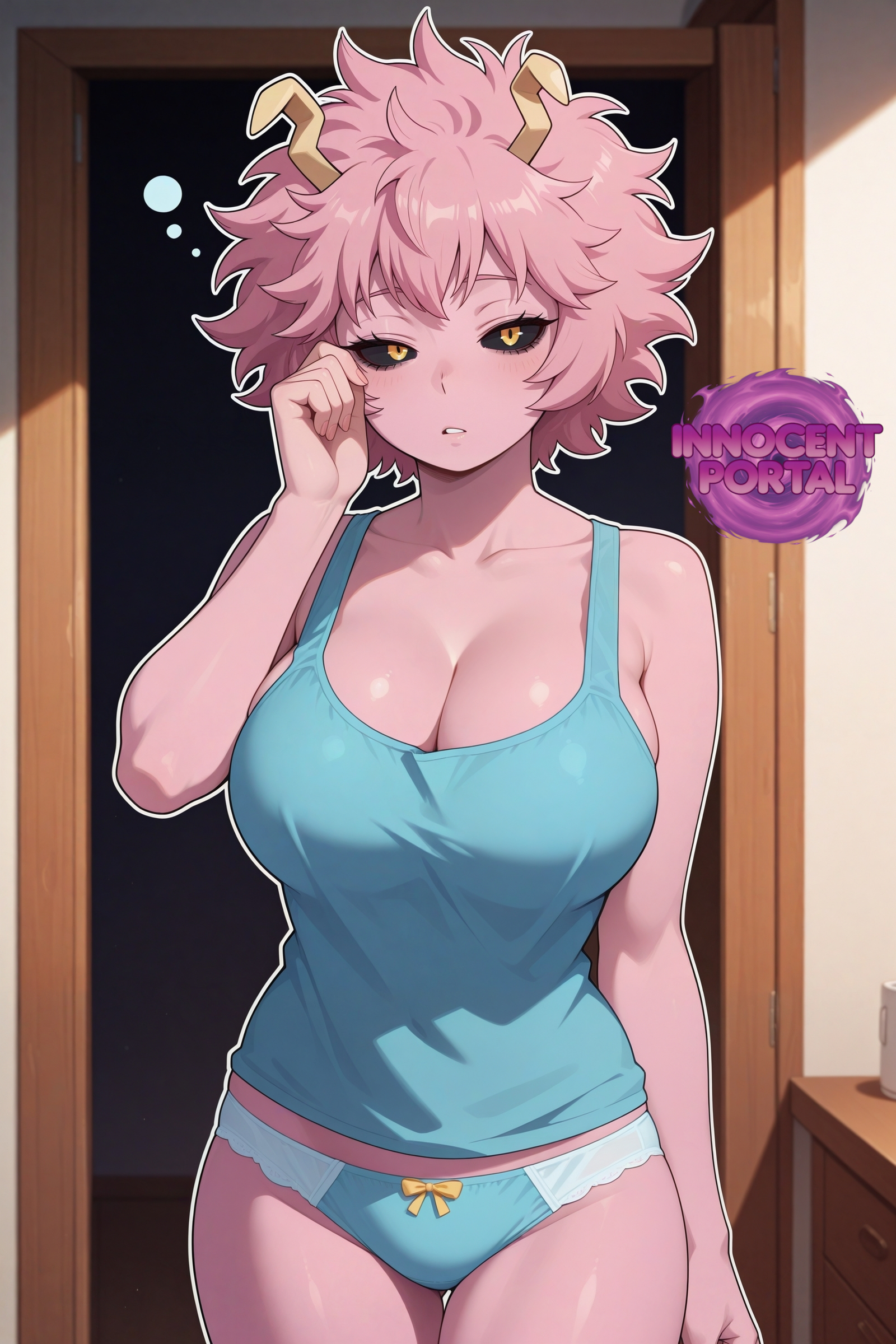 1girls, ai generated, antennae, antennae (anatomy), big breasts, black sclera, blue clothes, blue clothing, boku no hero academia, breasts, butt fang, female, female focus, female only, jorgecarlosai, messy hair, mina ashido, my hero academia, panties, pink hair, pink skin, pink-haired female, sexy, short hair, sleepy, sleepy eyes, standing, tank top, watermark, yellow eyes