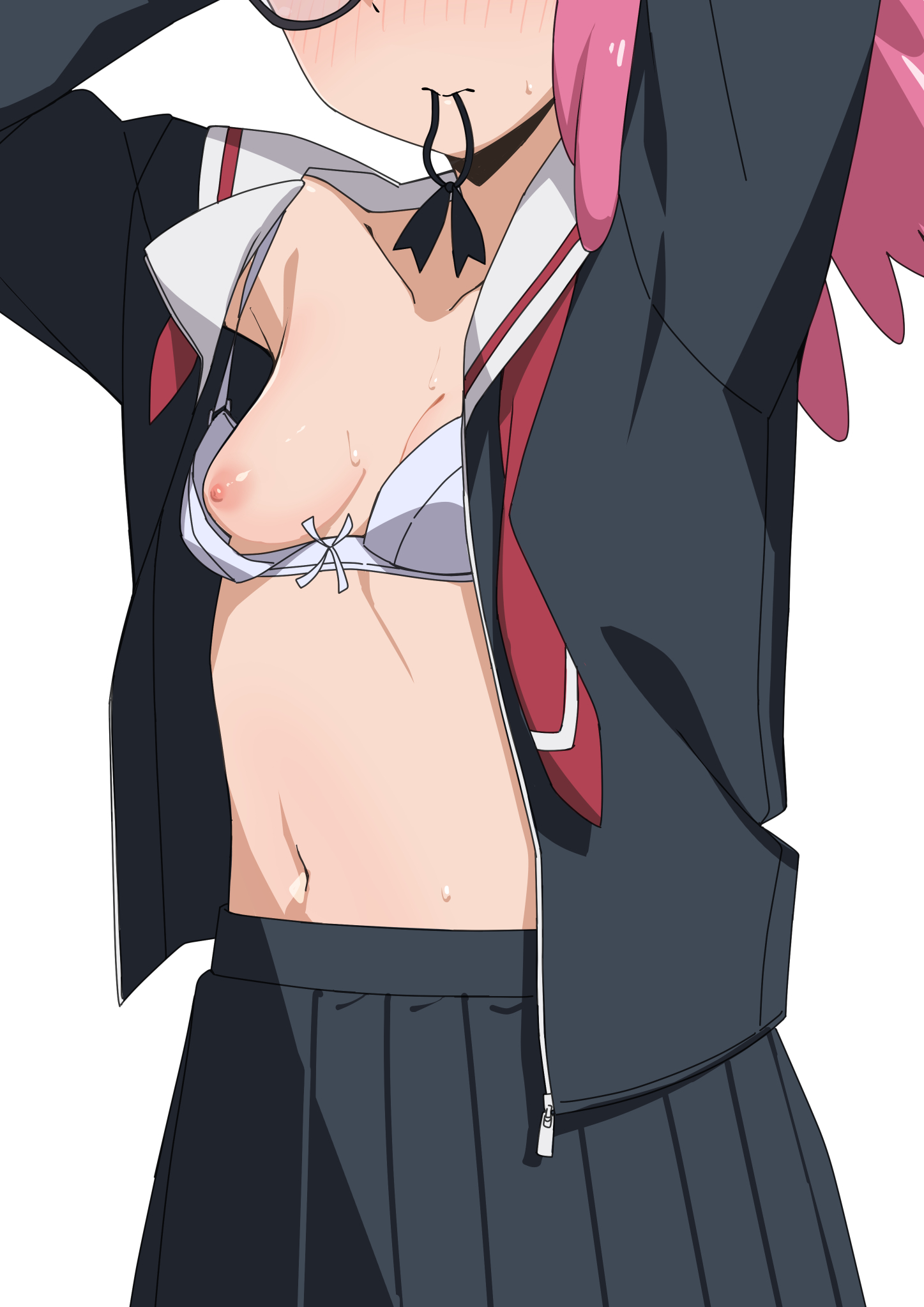 1girls, black shirt, black skirt, black-framed eyewear, boku no hero academia, breast slip, breasts, breasts out, collarbone, commentary request, facing viewer, female, glasses, hair tie in mouth, haneyama kazuho, head out of frame, highres, morisobo, mouth hold, my hero academia, navel, nipple slip, on model, one breast out, open clothes, open shirt, perky breasts, pink hair, pleated skirt, pop step, questionable consent, school uniform, serafuku, shirt, simple background, skirt, small breasts, solo, stomach, teenage female, teenager, twintails, unzipped, vigilante: my hero academia illegals, white background, young, zipper